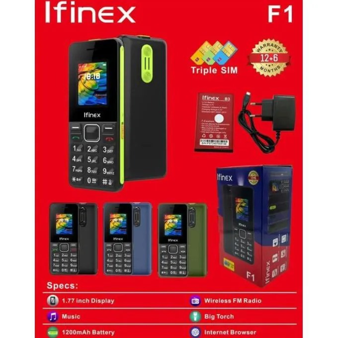 Ifinex F1 TRIPPLE SIM 1.77" INCH SCREEN DISPLAY 1200mAh battery capacity FEATURE PHONE WITH BIG TORCH, Bluetooth, Wireless FM, SD Slot button/katululu FEATURED PHONE