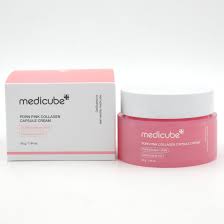 Medicube PDRN Pink Collagen Capsule Cream, containing collagen, niacinamide, and hyaluronic acid, designed to firm, brighten, hydrate, and strengthen the skin barrier for a radiant, "glass-skin" glow