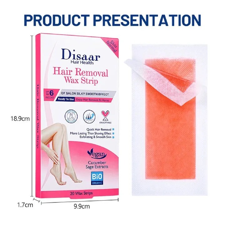 Disaar Hair Removal Wax Strips for Women & Men, Ready to Use Cold Wax, Vegan Formula with Cucumber & Sage Extracts, Quick & Long-Lasting Smooth Skin, 20 Strips