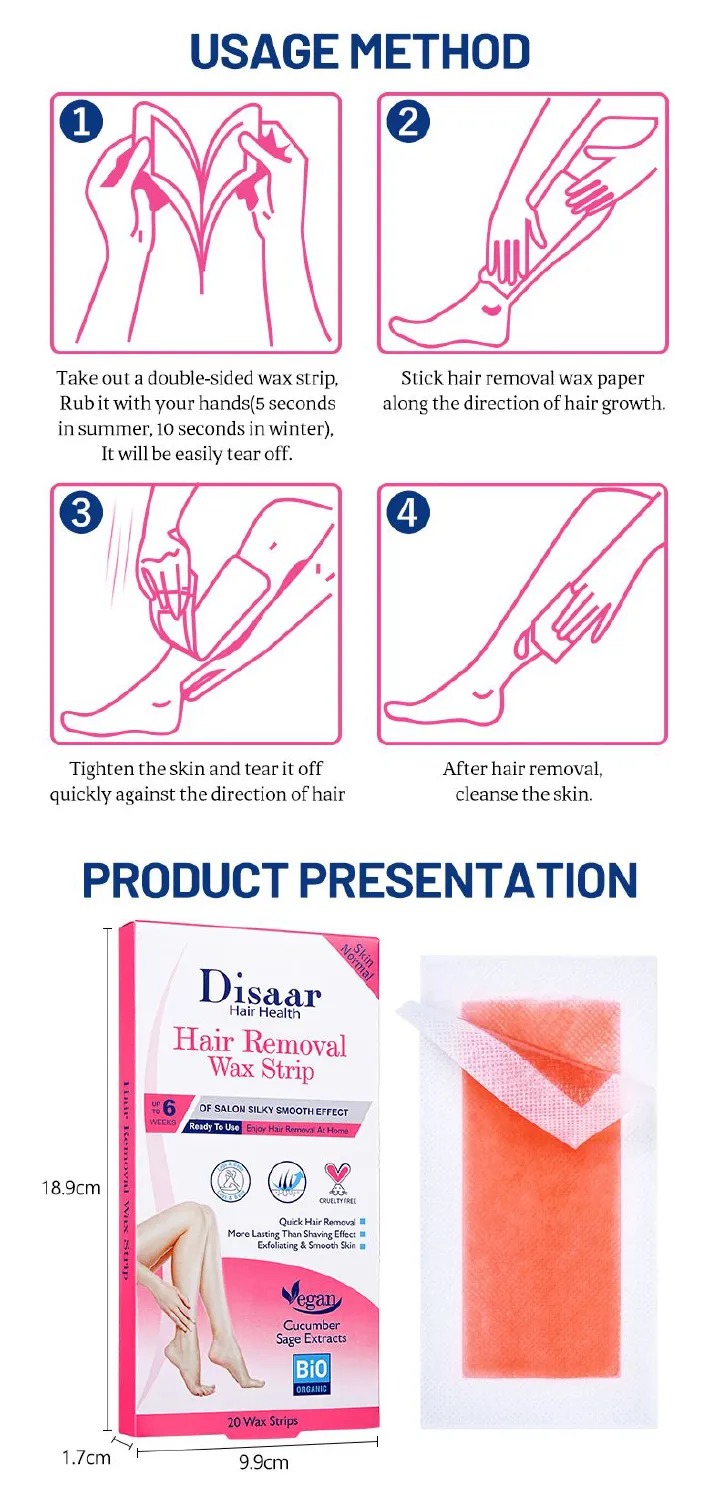 Disaar Hair Removal Wax Strips for Women & Men, Ready to Use Cold Wax, Vegan Formula with Cucumber & Sage Extracts, Quick & Long-Lasting Smooth Skin, 20 Strips