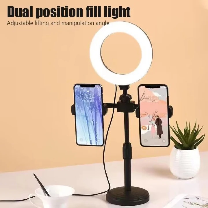 6inch Selfie Ring Light With Tripod Stand 2 Phones Holders Desktop Ring Light for Video Recording Live Broadcast Live Streaming Selfie Makeup Video Photography Selfie Lights