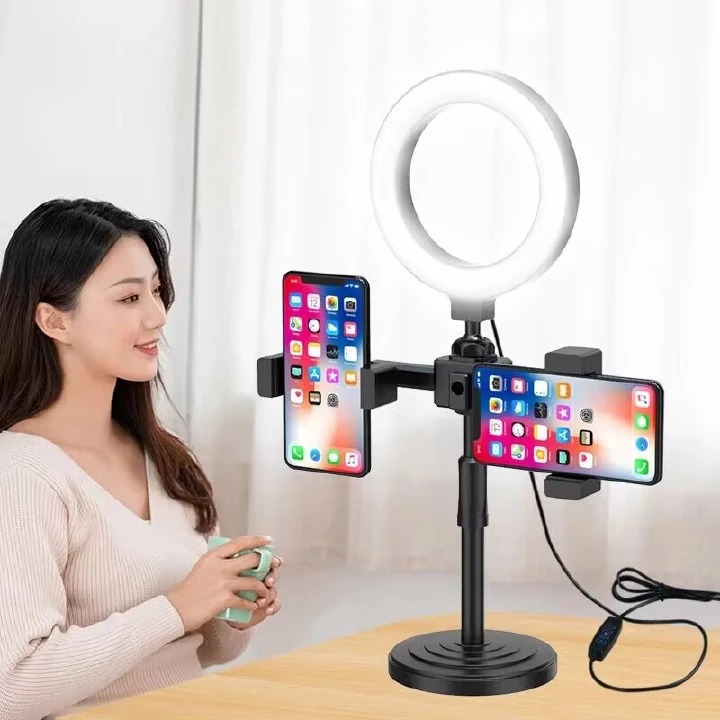 6inch Selfie Ring Light With Tripod Stand 2 Phones Holders Desktop Ring Light for Video Recording Live Broadcast Live Streaming Selfie Makeup Video Photography Selfie Lights
