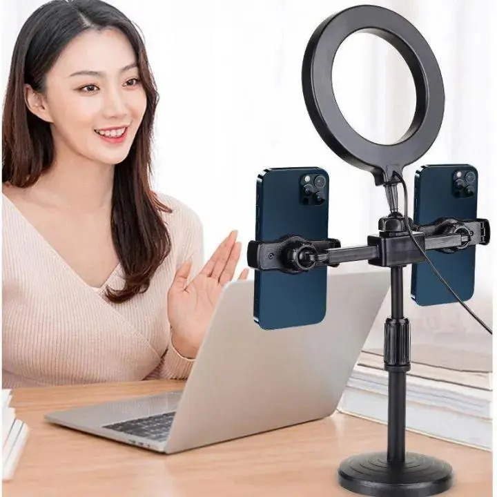 6inch Selfie Ring Light With Tripod Stand 2 Phones Holders Desktop Ring Light for Video Recording Live Broadcast Live Streaming Selfie Makeup Video Photography Selfie Lights