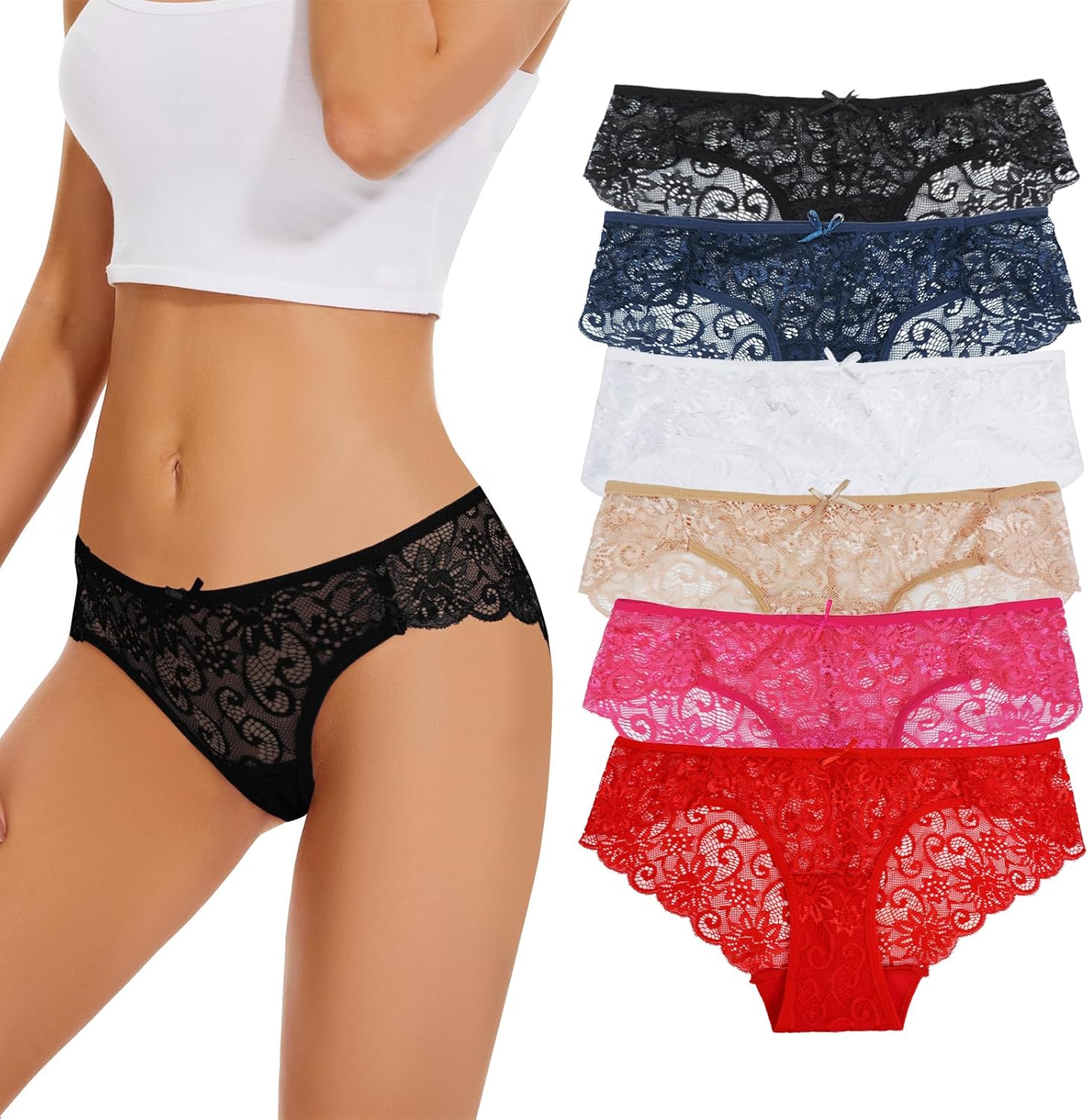 6PCS Full Lace Back Low-Rise Briefs for Women – Sexy, Soft & Breathable Comfort Panties