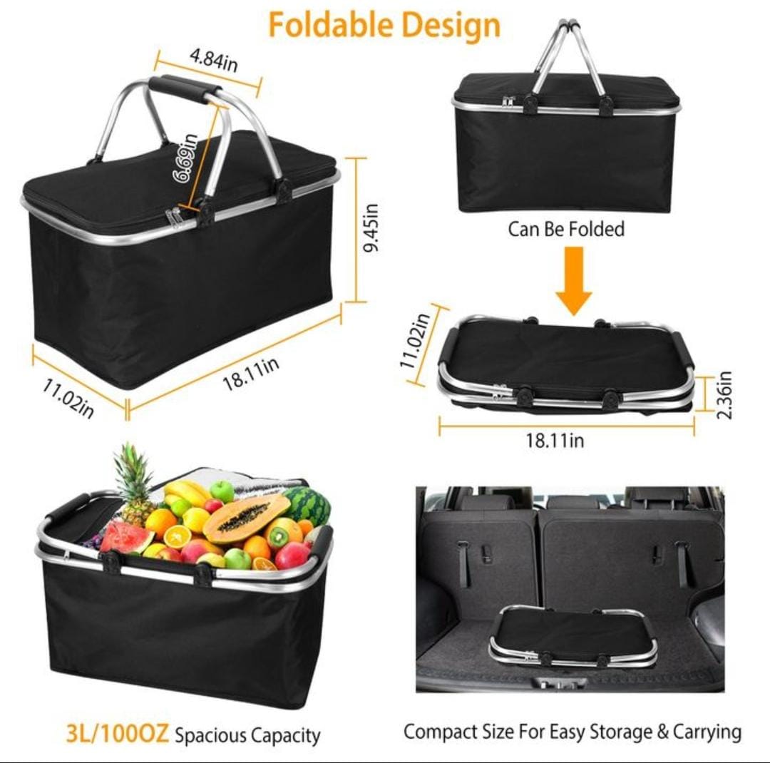 Picnic Foldable Insulated Portable Cooler Bag – Large Capacity Travel Food Storage (Black, Red & Blue). Foldable insulated picnic cooler bag with large capacity. Keeps food fresh, lightweight and easy