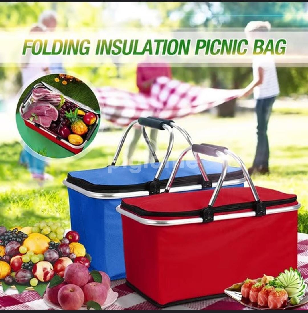 Picnic Foldable Insulated Portable Cooler Bag – Large Capacity Travel Food Storage (Black, Red & Blue). Foldable insulated picnic cooler bag with large capacity. Keeps food fresh, lightweight and easy