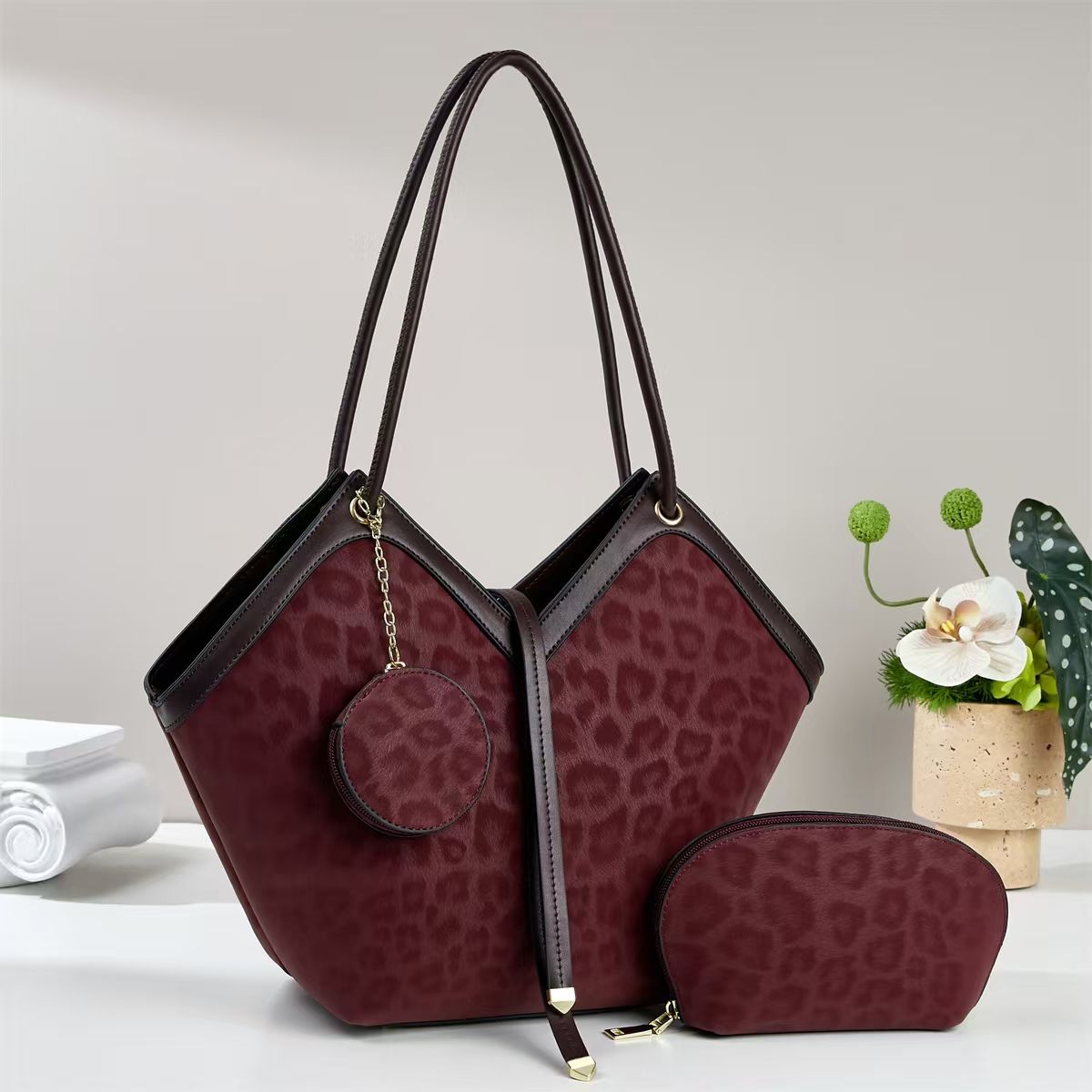 🔥 Leopard Print Retro Tote Bag – Medium/Large Capacity, PU Leather, Color Contrast, Casual Shoulder Bag for Women