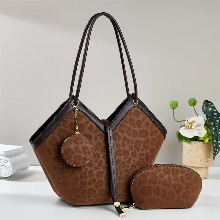 🔥 Leopard Print Retro Tote Bag – Medium/Large Capacity, PU Leather, Color Contrast, Casual Shoulder Bag for Women