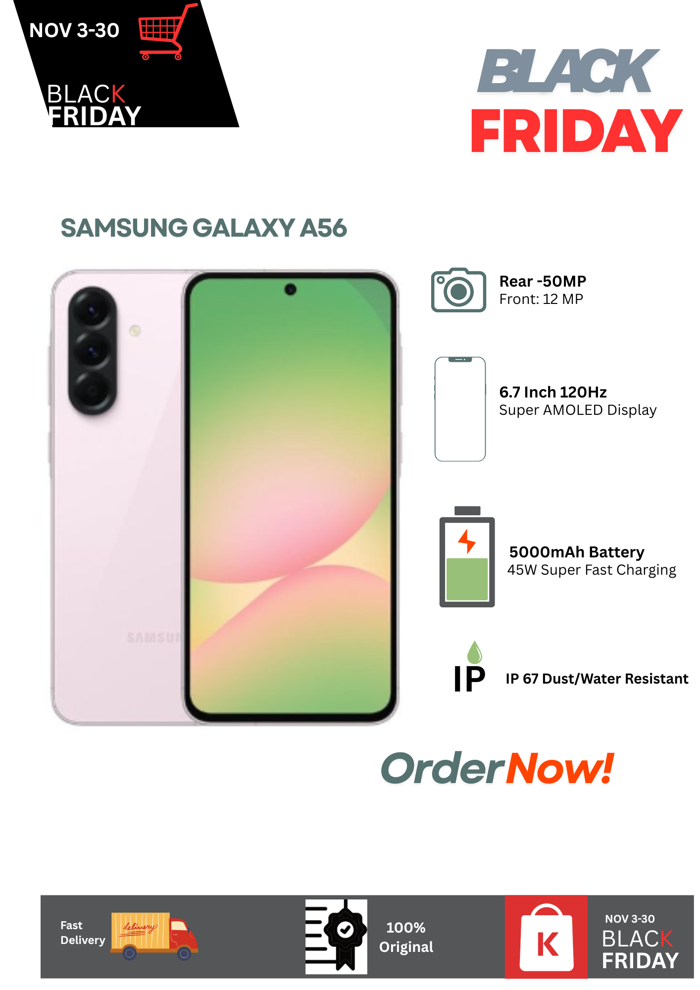 Samsung Galaxy A56 5G 256GB+8GB 6.7" 120Hz Super AMOLED Display 50MP Camera 5000mAh Battery 45W Fast Charging Dual e-SIM IP67 Android15+6Major Upgrades Onscreen Fingerprint AI Smartphone