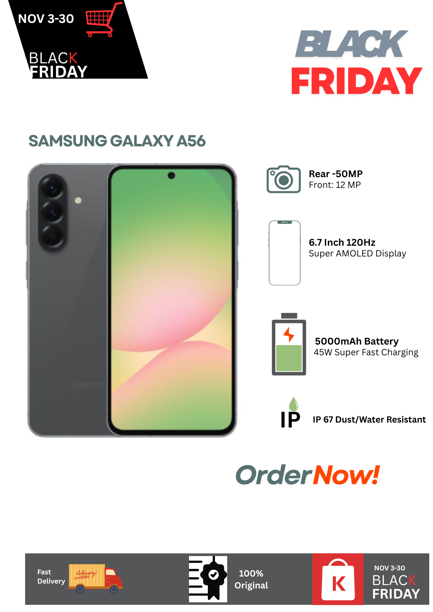 Samsung Galaxy A56 5G 256GB+8GB 6.7" 120Hz Super AMOLED Display 50MP Camera 5000mAh Battery 45W Fast Charging Dual e-SIM IP67 Android15+6Major Upgrades Onscreen Fingerprint AI Smartphone