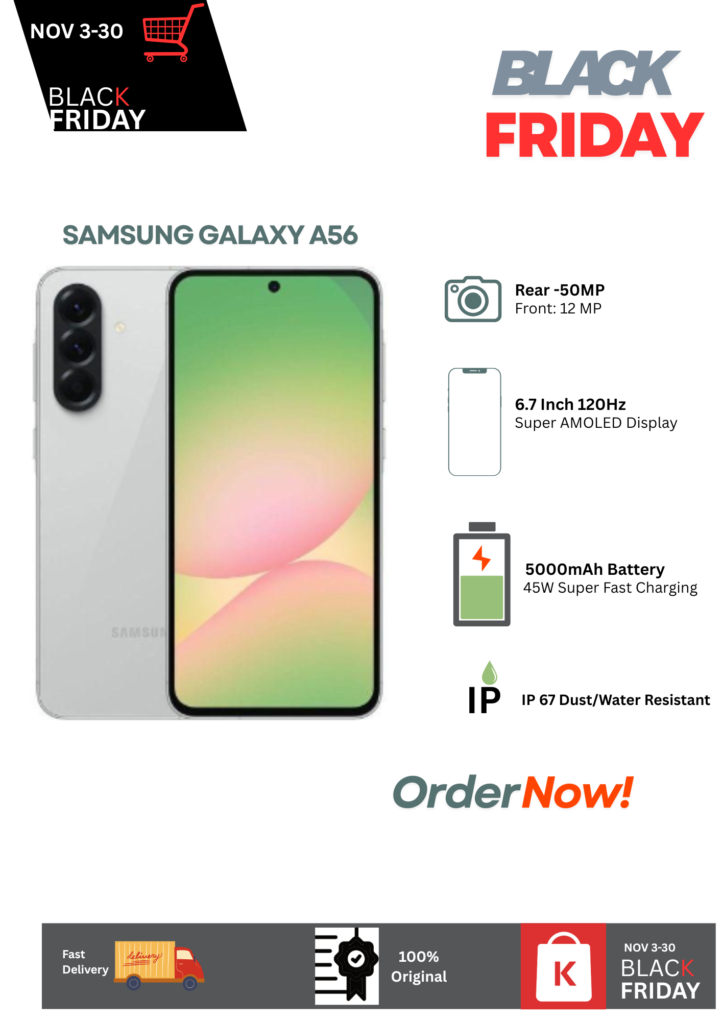 Samsung Galaxy A56 5G 256GB+8GB 6.7" 120Hz Super AMOLED Display 50MP Camera 5000mAh Battery 45W Fast Charging Dual e-SIM IP67 Android15+6Major Upgrades Onscreen Fingerprint AI Smartphone