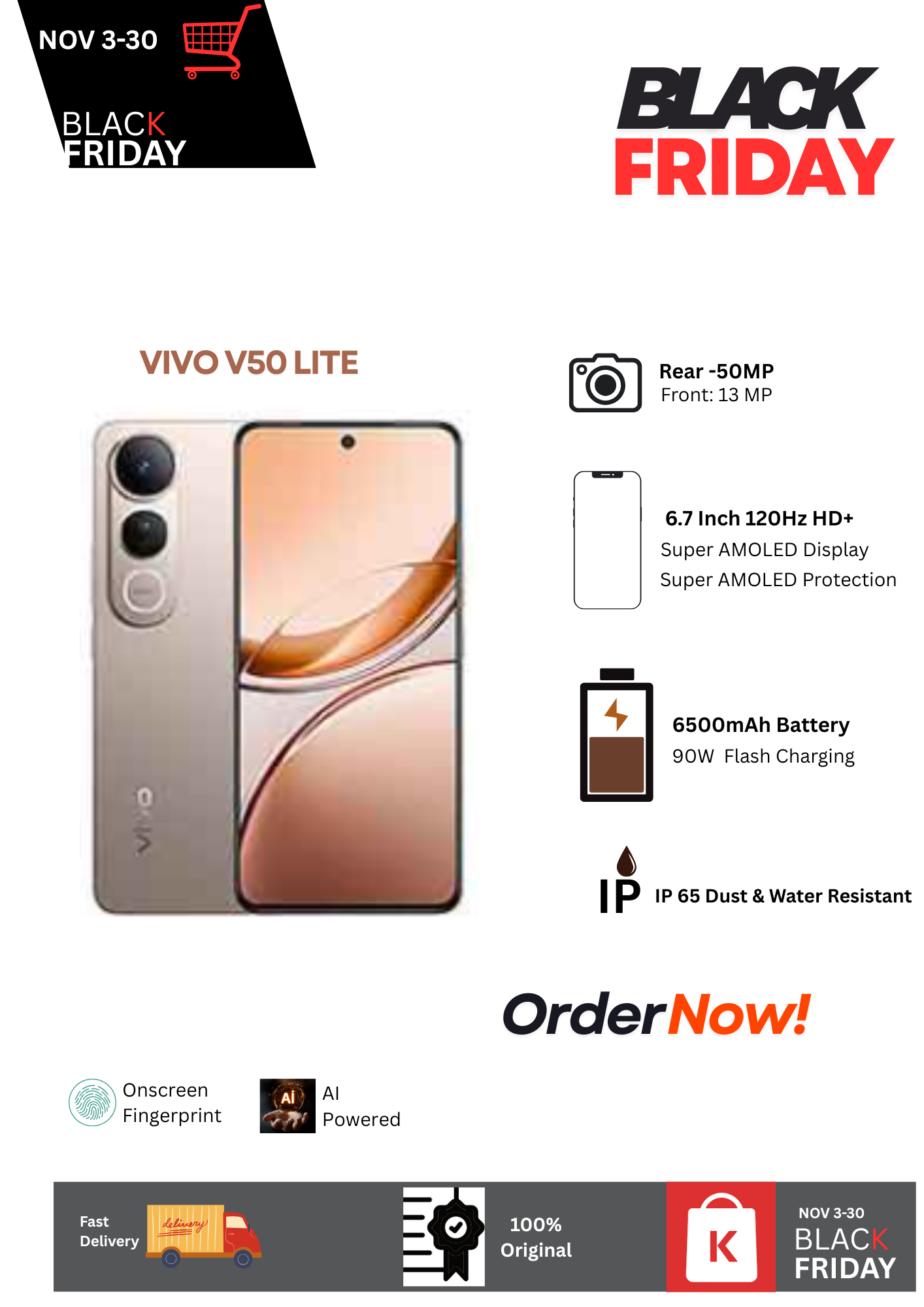 Hot Deal 🔥Vivo V50 Lite 5G 8+256GB 6.7" 120Hz AMOLED Display 50MP Camera 6500mAh Battery 90W Flash Charge Dual SIM IP65 Water Resistance Android 15 Onscreen Fingerprint AI-Powered Smartphone