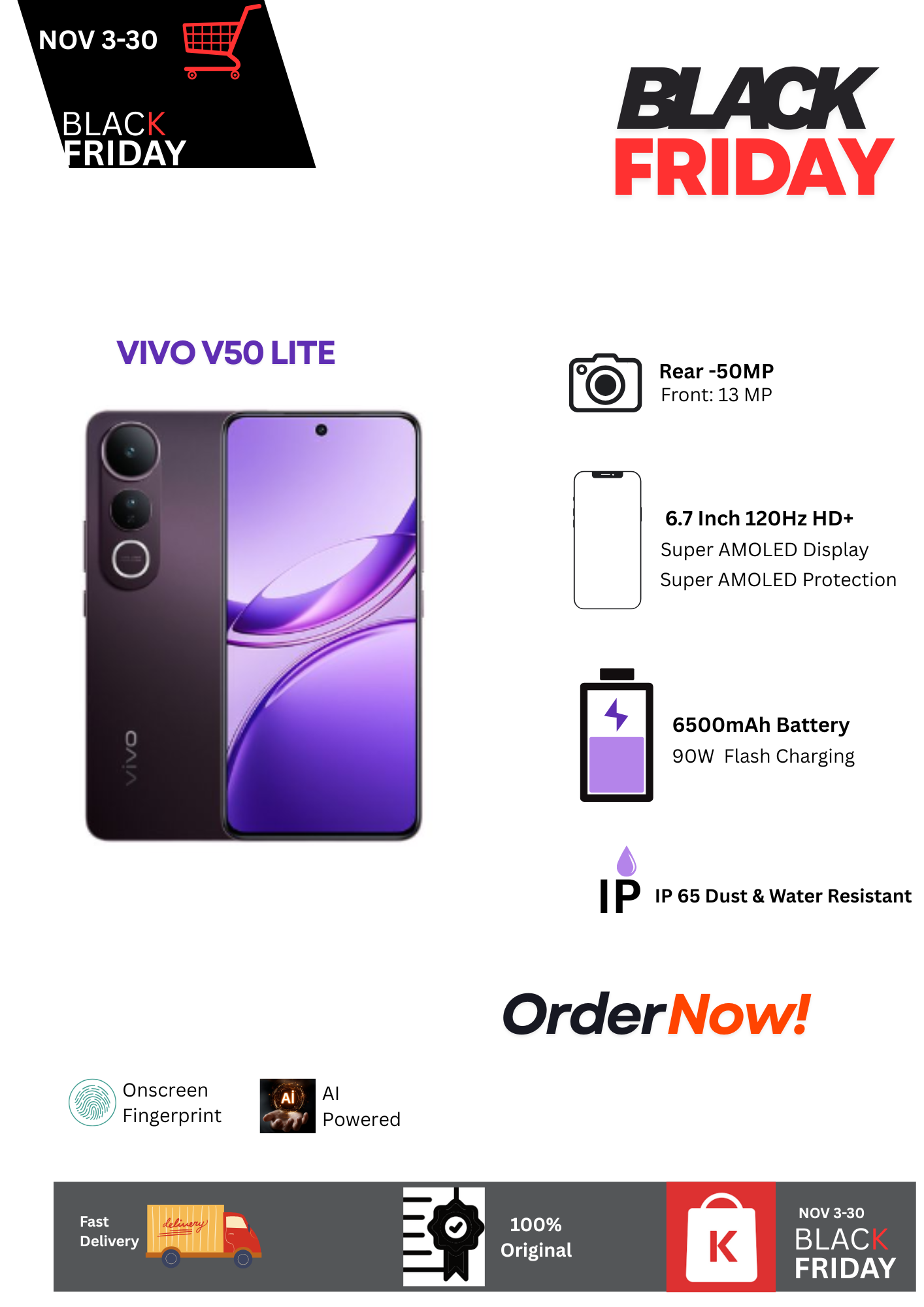 Hot Deal 🔥Vivo V50 Lite 5G 8+256GB 6.7" 120Hz AMOLED Display 50MP Camera 6500mAh Battery 90W Flash Charge Dual SIM IP65 Water Resistance Android 15 Onscreen Fingerprint AI-Powered Smartphone
