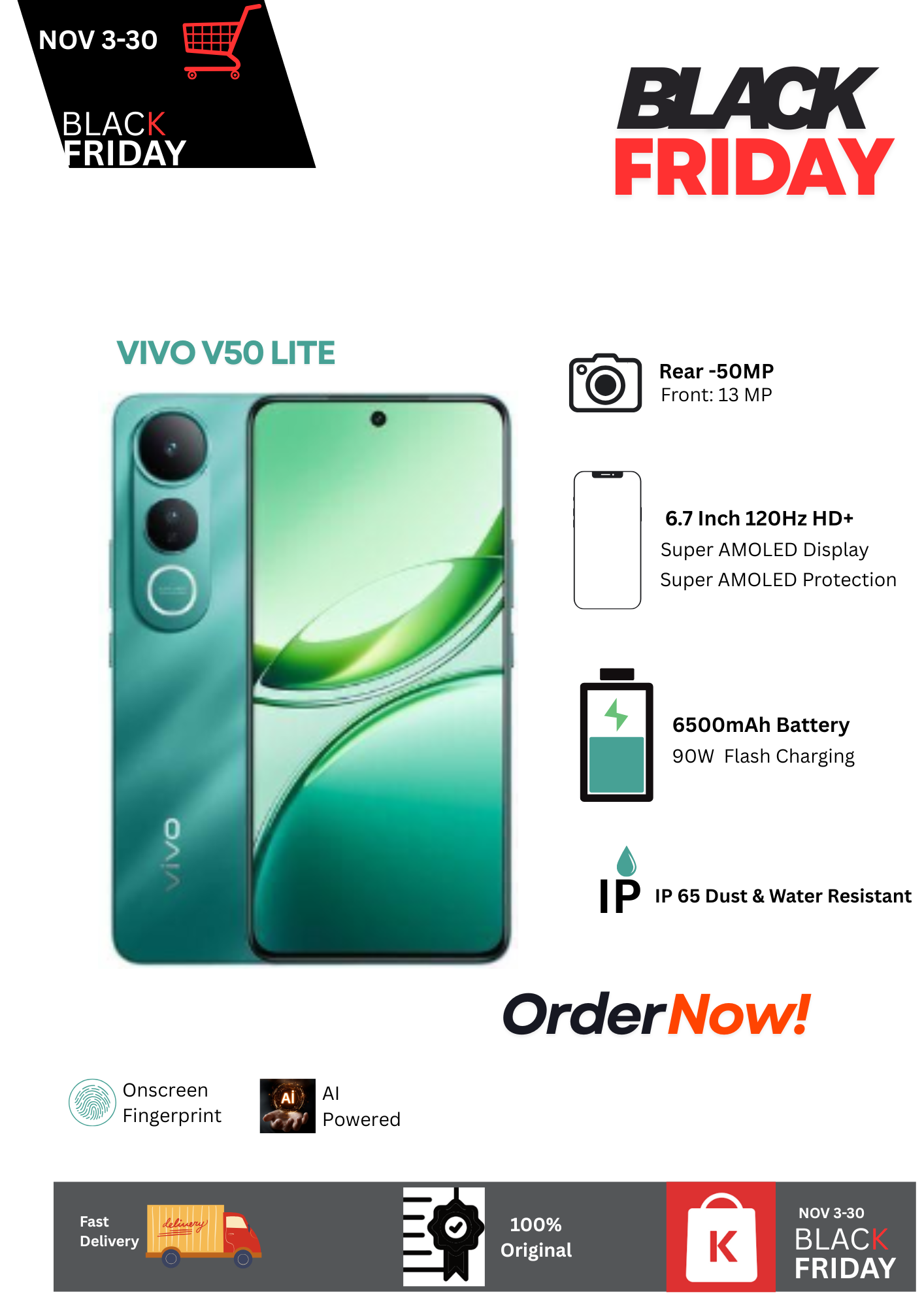 Hot Deal 🔥Vivo V50 Lite 5G 8+256GB 6.7" 120Hz AMOLED Display 50MP Camera 6500mAh Battery 90W Flash Charge Dual SIM IP65 Water Resistance Android 15 Onscreen Fingerprint AI-Powered Smartphone