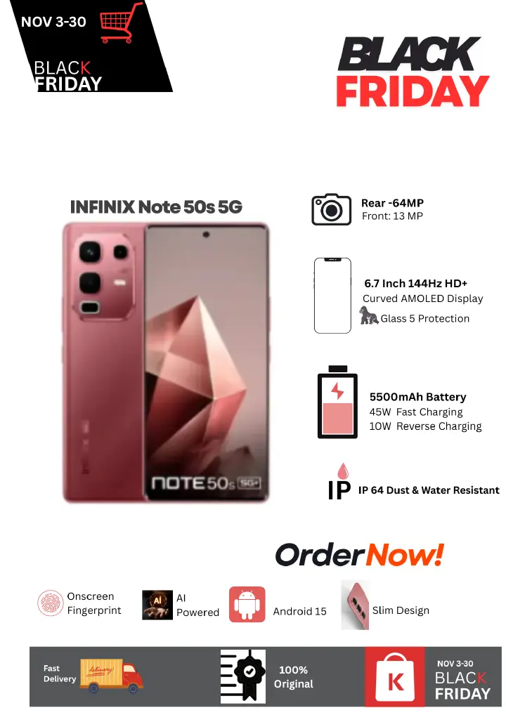 [Black Friday Deal] Infinix Note 50s 5G 8+256GB 6.7" 144Hz Curved AMOLED Display 64MP Camera 5500mAh Battery 45W Fast +10W Reverse Charging Dual SIM IP64 Android 15 On-screen Fingerprint AI Smartphone