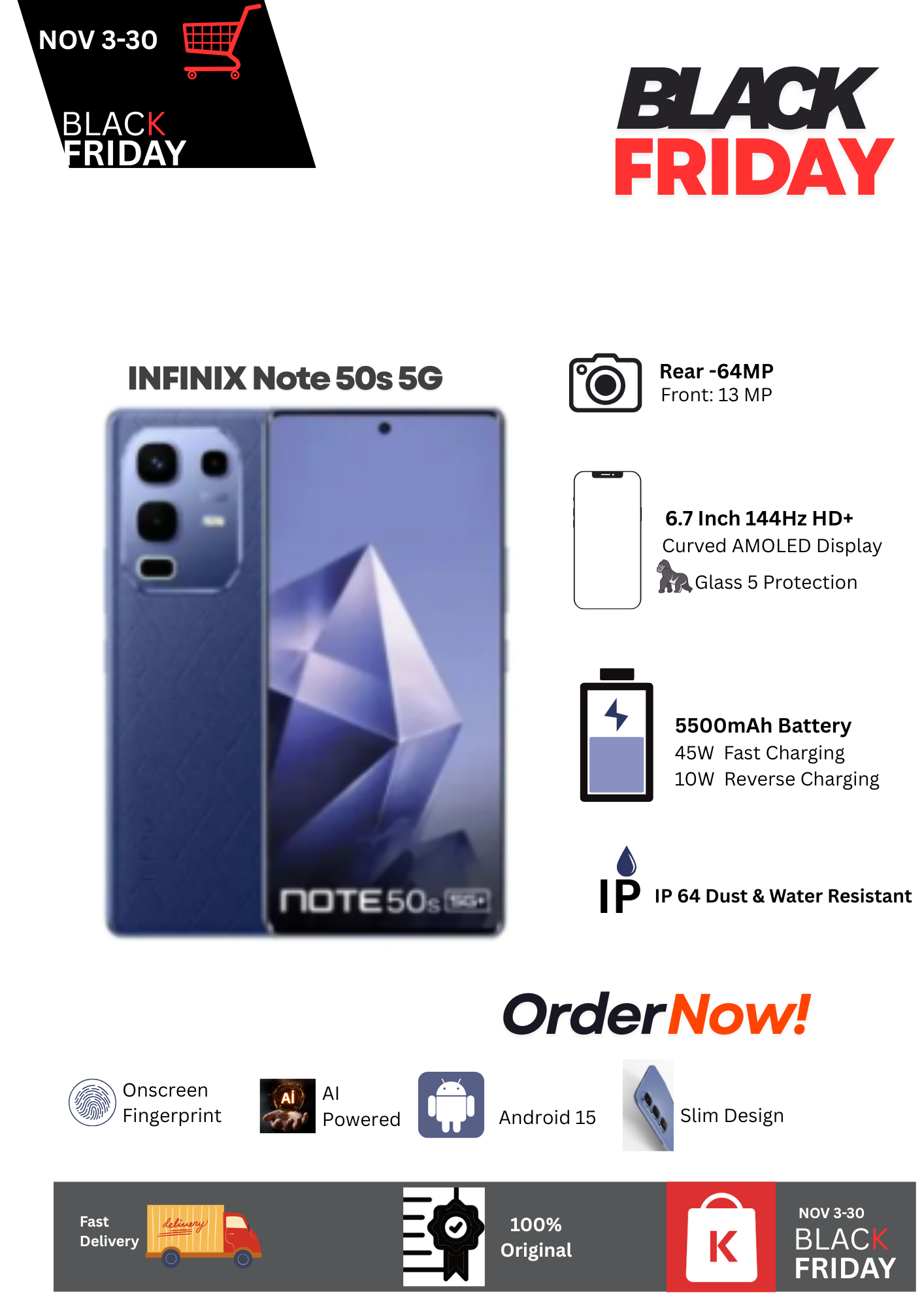 [Black Friday Deal] Infinix Note 50s 5G 8+256GB 6.7" 144Hz Curved AMOLED Display 64MP Camera 5500mAh Battery 45W Fast +10W Reverse Charging Dual SIM IP64 Android 15 On-screen Fingerprint AI Smartphone