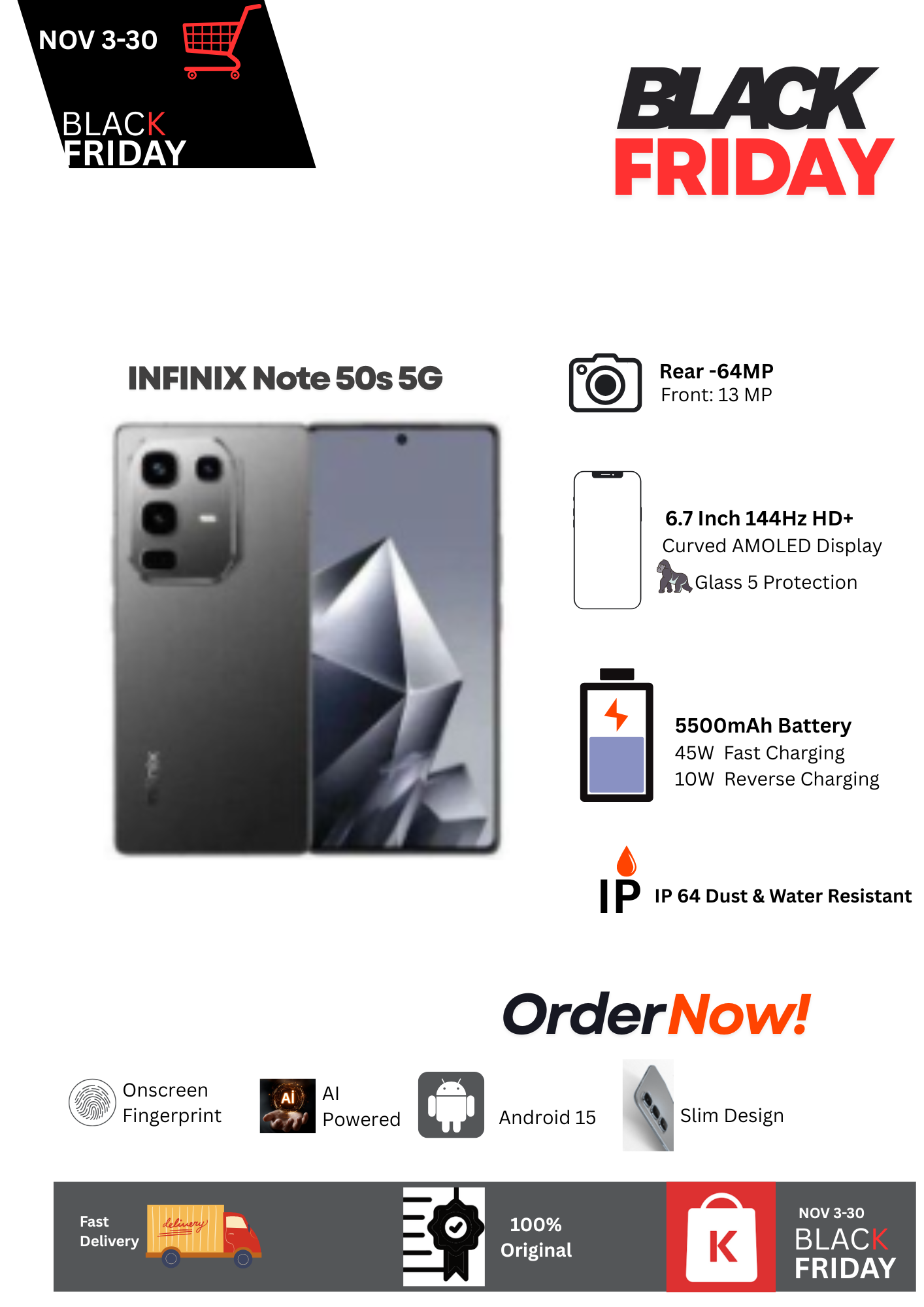 [Black Friday Deal] Infinix Note 50s 5G 8+256GB 6.7" 144Hz Curved AMOLED Display 64MP Camera 5500mAh Battery 45W Fast +10W Reverse Charging Dual SIM IP64 Android 15 On-screen Fingerprint AI Smartphone