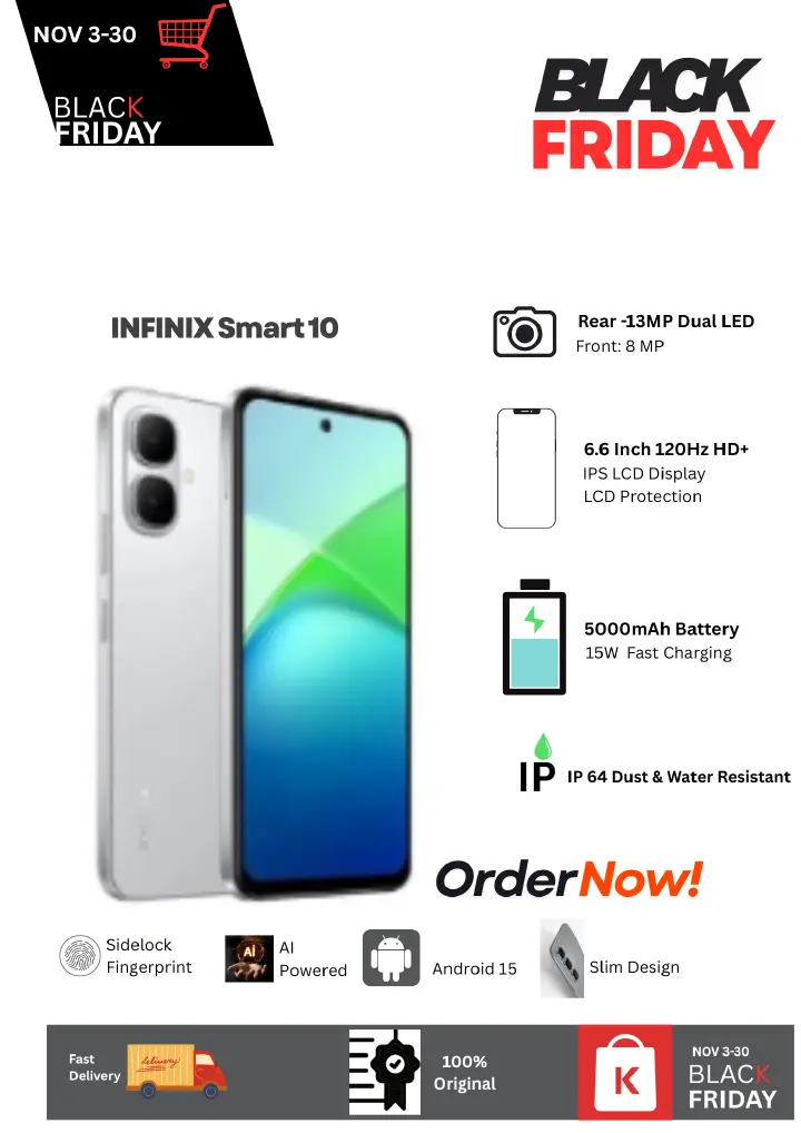 Hot Deal Alert! Infinix Smart 10 4+128GB 6.6" 120Hz IPS LCD Display 8+2MP Dual-LED Camera 5000mAh Battery 15W Fast/Reverse Wired Charging Dual SIM IP64 Android 15 AI Assistant Fingerprint Smartphone