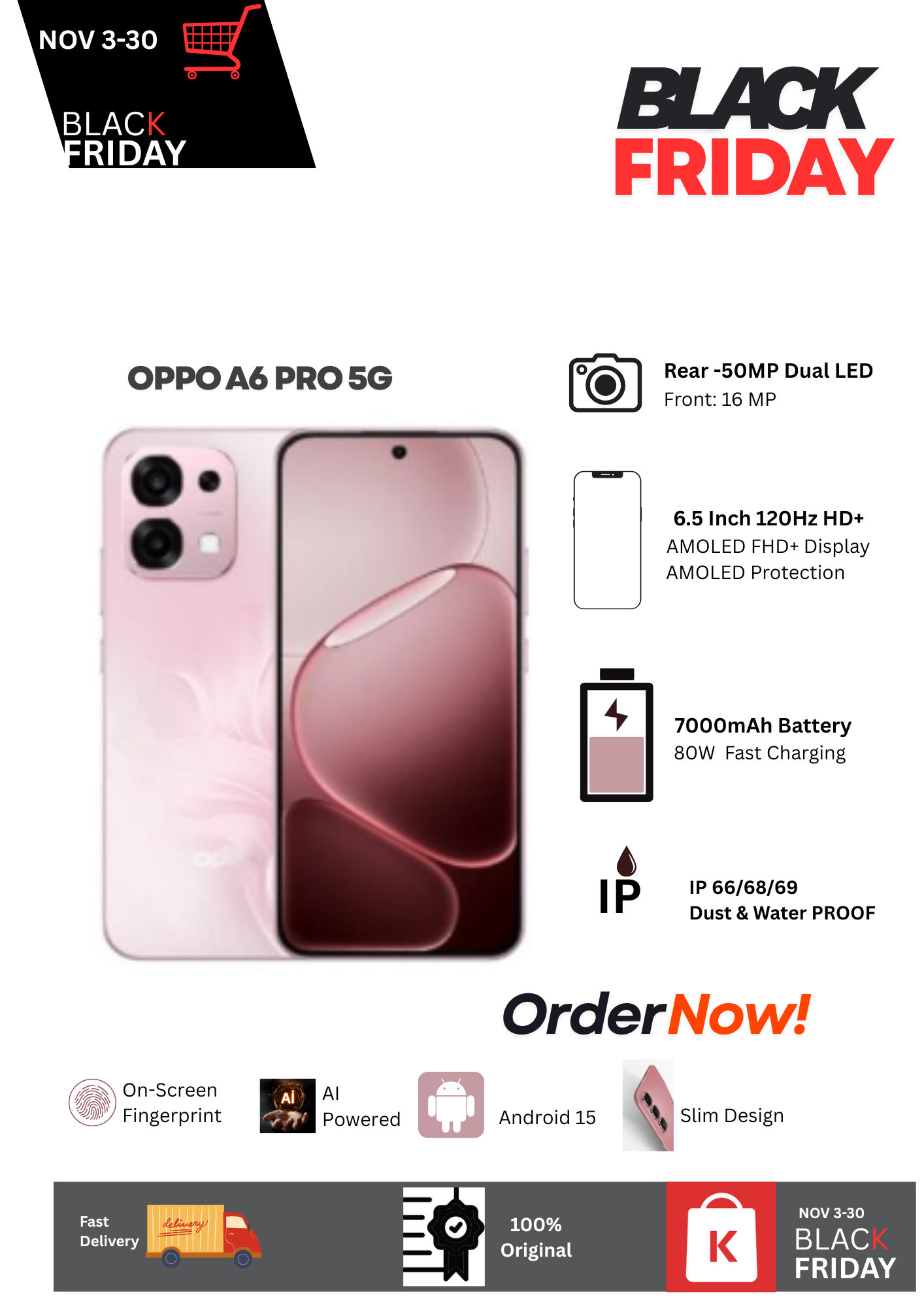Hot Deal 🔥Oppo A6 Pro 5G 8/256GB 6.5" 12OHz AMOLED FHD+ Display 50MP Camera 6500mAh Battery 80W SUPER Charging Dual SIM IP68/69 MIL-STD Shock Resistance Android 15 AI Onscreen Fingerprint Smartphone