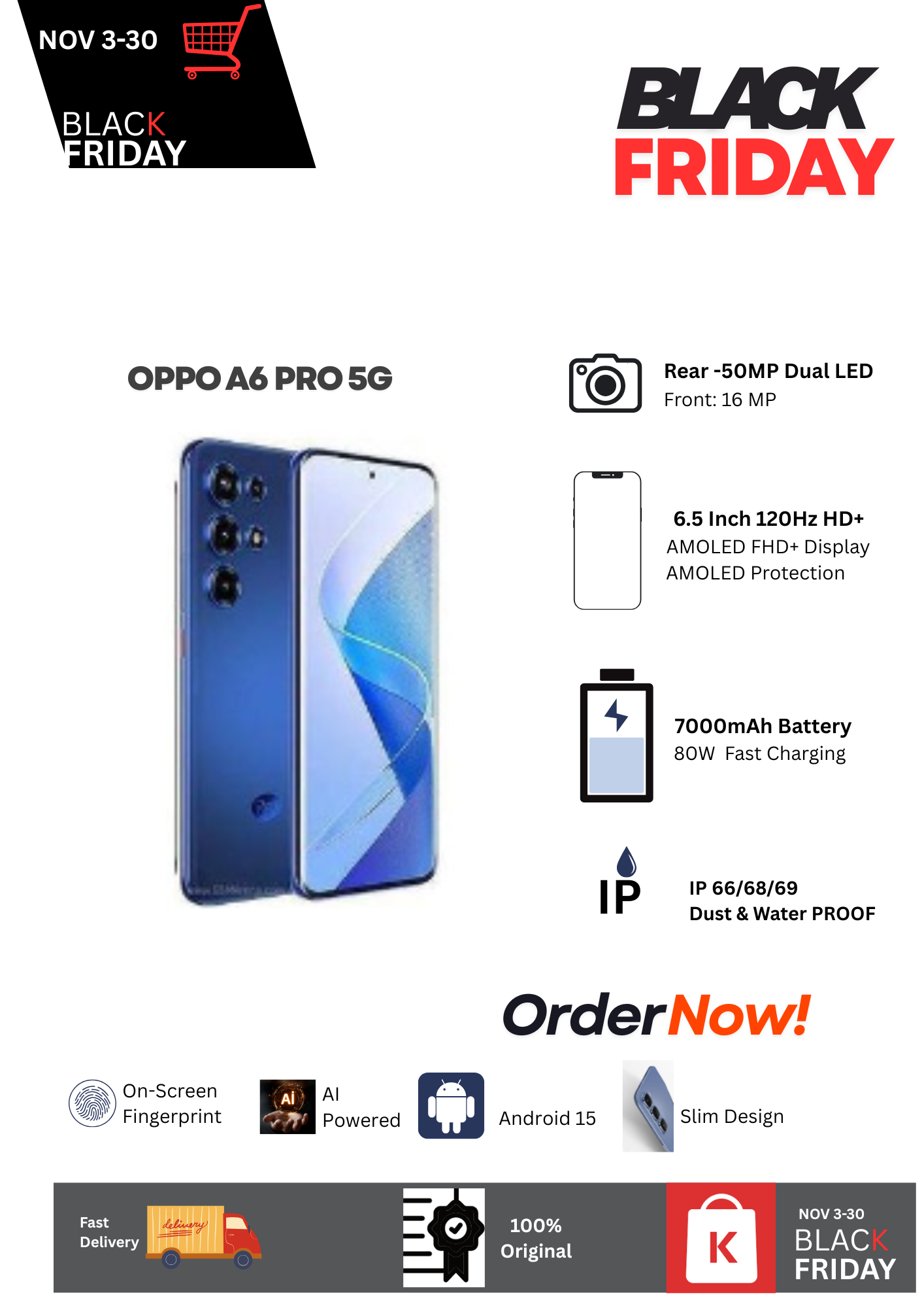 Hot Deal 🔥Oppo A6 Pro 5G 8/256GB 6.5" 12OHz AMOLED FHD+ Display 50MP Camera 6500mAh Battery 80W SUPER Charging Dual SIM IP68/69 MIL-STD Shock Resistance Android 15 AI Onscreen Fingerprint Smartphone