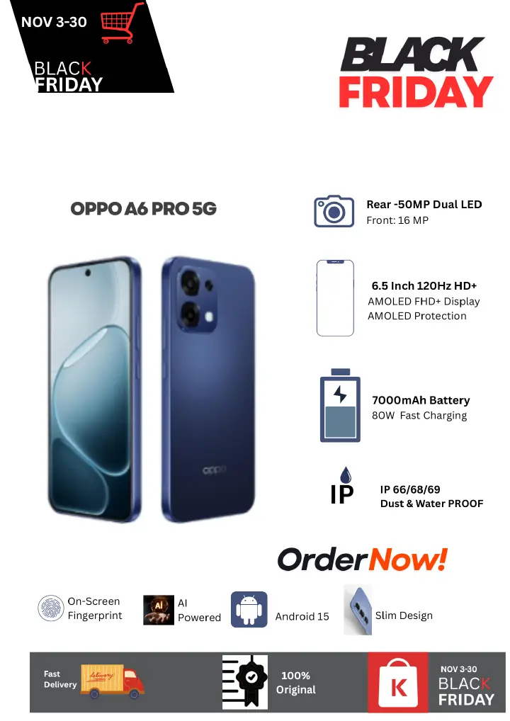 Hot Deal 🔥Oppo A6 Pro 5G 8/256GB 6.5" 12OHz AMOLED FHD+ Display 50MP Camera 6500mAh Battery 80W SUPER Charging Dual SIM IP68/69 MIL-STD Shock Resistance Android 15 AI Onscreen Fingerprint Smartphone