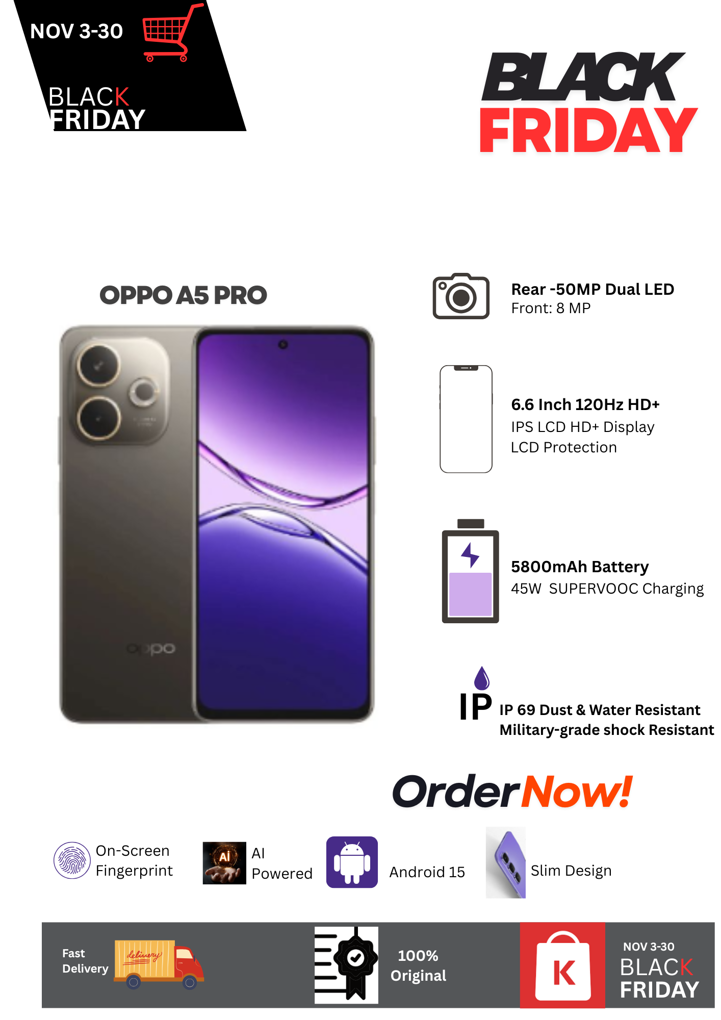 Black Friday Deal 🔥Oppo A5 Pro 8+256GB 6.6" 120Hz IPS LCD Display 50MP Camera 5800mAh Battery 45W SUPERVOOC Fast Charging Dual SIM IP69 Water, Military-grade Shock Resistance Android 15 AI Smartphone