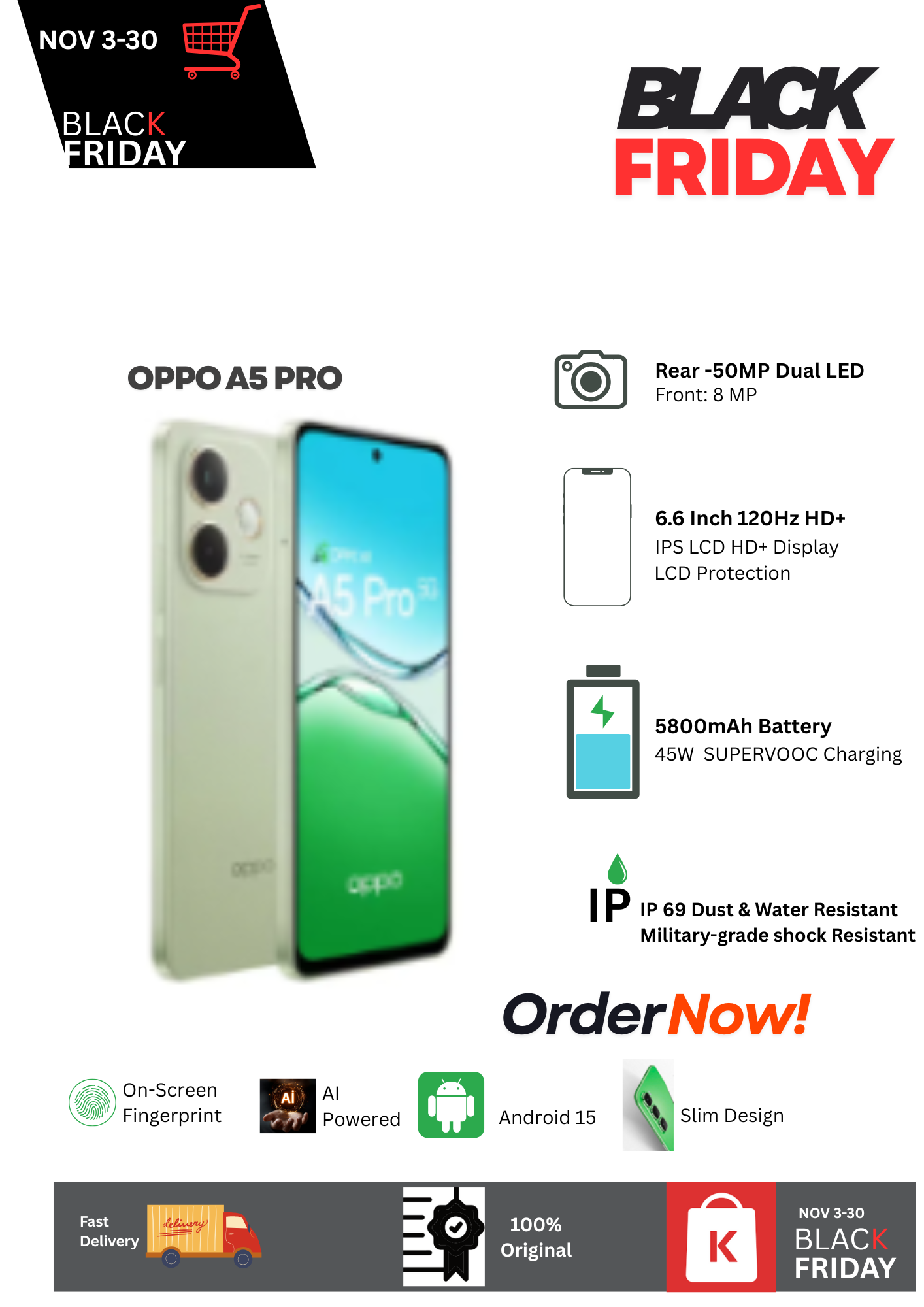 Black Friday Deal 🔥Oppo A5 Pro 8+256GB 6.6" 120Hz IPS LCD Display 50MP Camera 5800mAh Battery 45W SUPERVOOC Fast Charging Dual SIM IP69 Water, Military-grade Shock Resistance Android 15 AI Smartphone