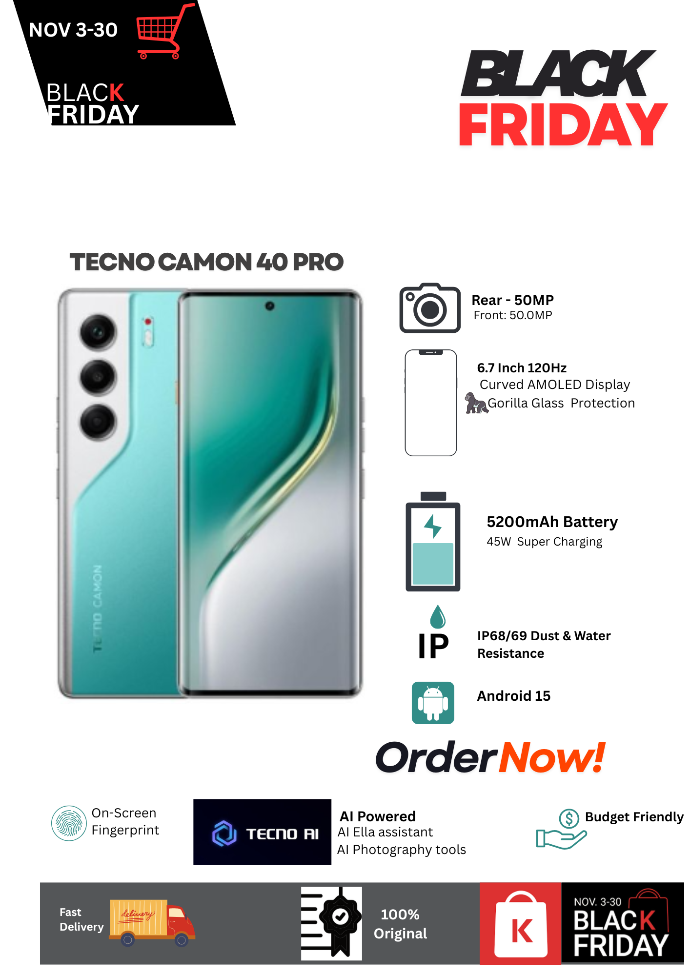 Tecno Camon 40 Pro 4G 256GB+8GB 6.7" 120Hz Curved AMOLED Display 50MP Camera 5200mAh Battery 45W Super Charging Dual SIM IP68/69 Water Resistant Android 15 Onscreen Fingerprint AI Smartphone