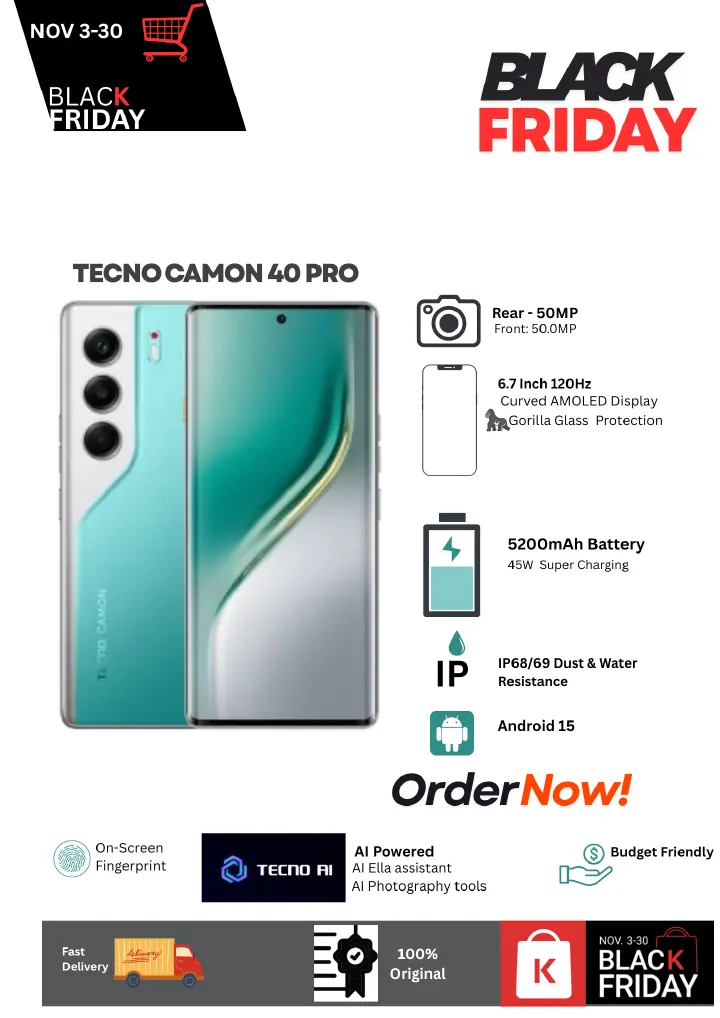 Tecno Camon 40 Pro 4G 256GB+8GB 6.7" 120Hz Curved AMOLED Display 50MP Camera 5200mAh Battery 45W Super Charging Dual SIM IP68/69 Water Resistant Android 15 Onscreen Fingerprint AI Smartphone