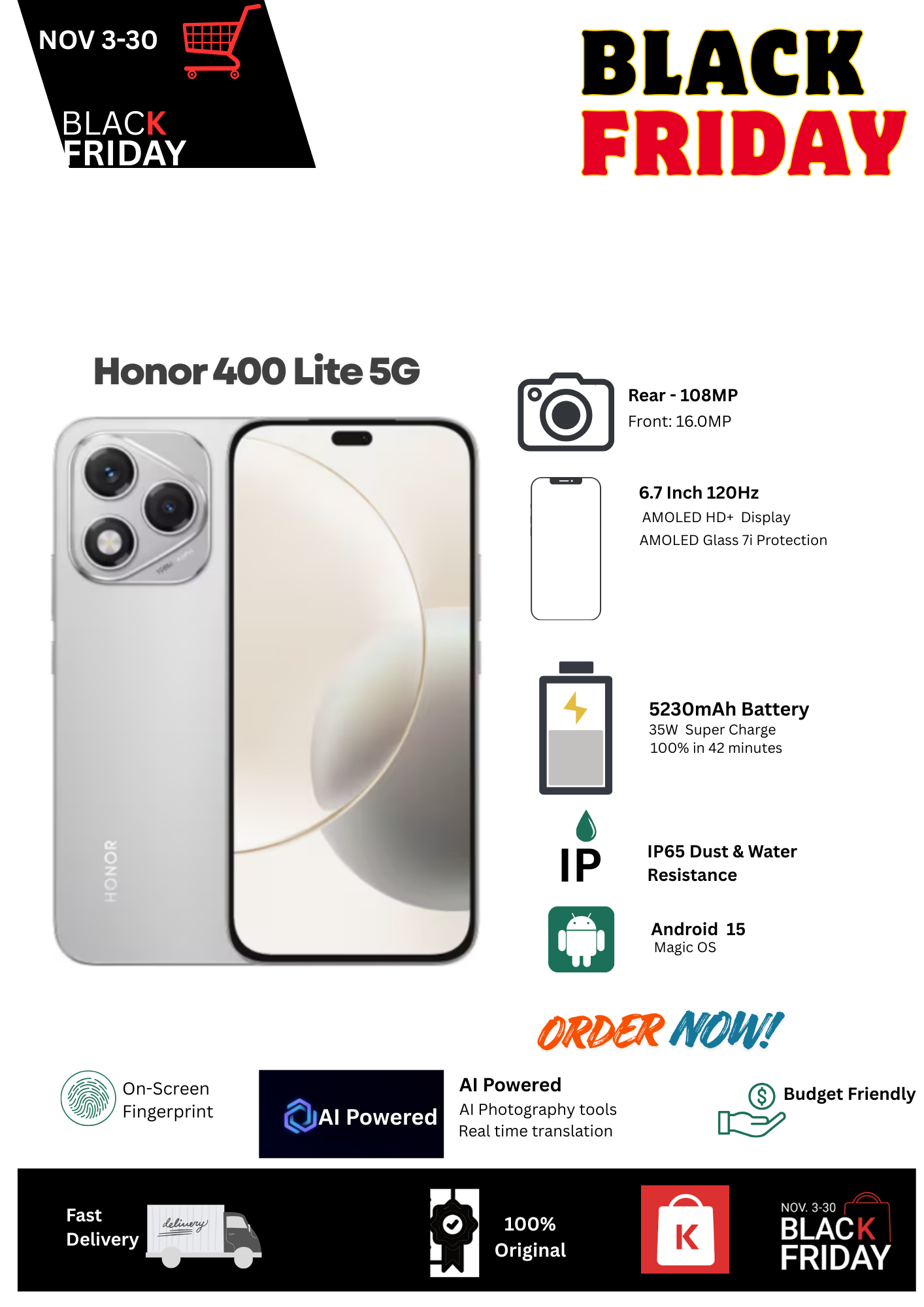 Black Friday Deal🔥Honor 400 Lite 5G 8+256GB 6.7" 120Hz AMOLED Display 108MP Camera 5230mAh Battery 35W Fast Charging Dual SIM IP65 Dust& Water Resistance Android 15 Onscreen Fingerprint AI Smartphone
