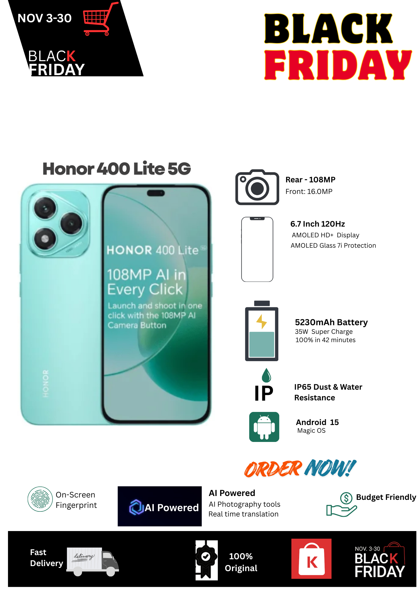 Black Friday Deal🔥Honor 400 Lite 5G 8+256GB 6.7" 120Hz AMOLED Display 108MP Camera 5230mAh Battery 35W Fast Charging Dual SIM IP65 Dust& Water Resistance Android 15 Onscreen Fingerprint AI Smartphone