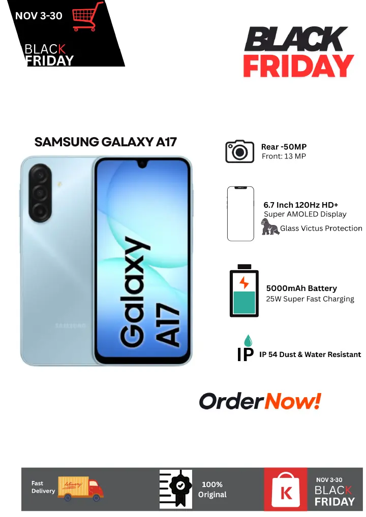 NEW ARRIVAL DEAL! Samsung Galaxy A17 6+128GB 6.7" 90Hz Super AMOLED Display 50MP Camera 5000mAh 25W Fast Charging Dual SIM IP54(6Years OS/Security Updates) Android 15 Side-Fingerprint AI Smartphone