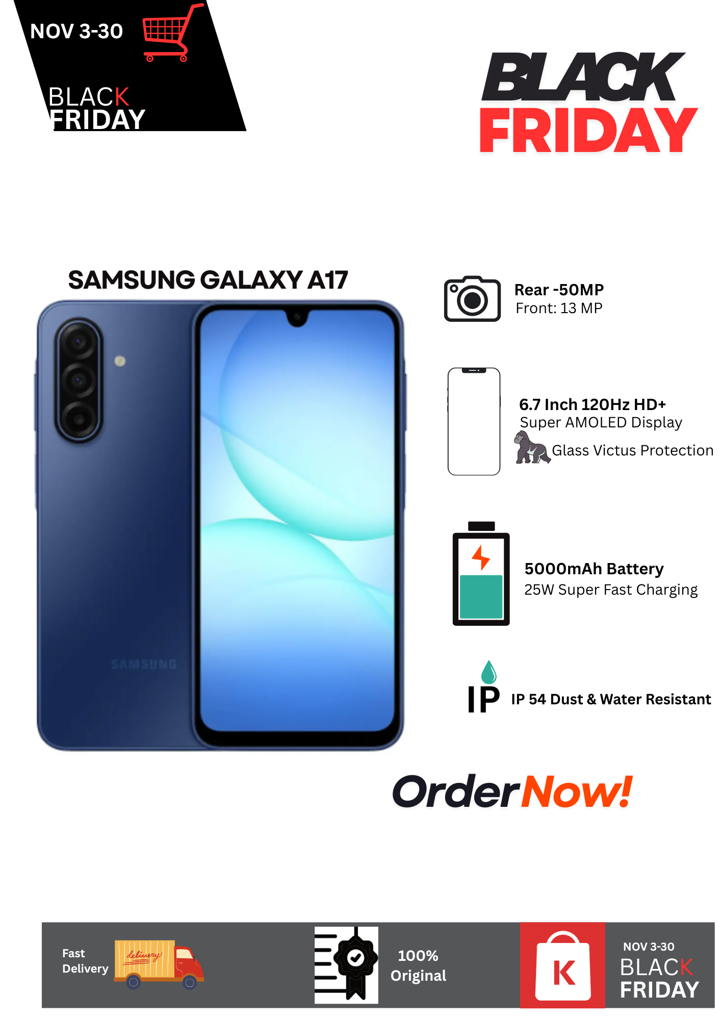 NEW ARRIVAL DEAL! Samsung Galaxy A17 6+128GB 6.7" 90Hz Super AMOLED Display 50MP Camera 5000mAh 25W Fast Charging Dual SIM IP54(6Years OS/Security Updates) Android 15 Side-Fingerprint AI Smartphone