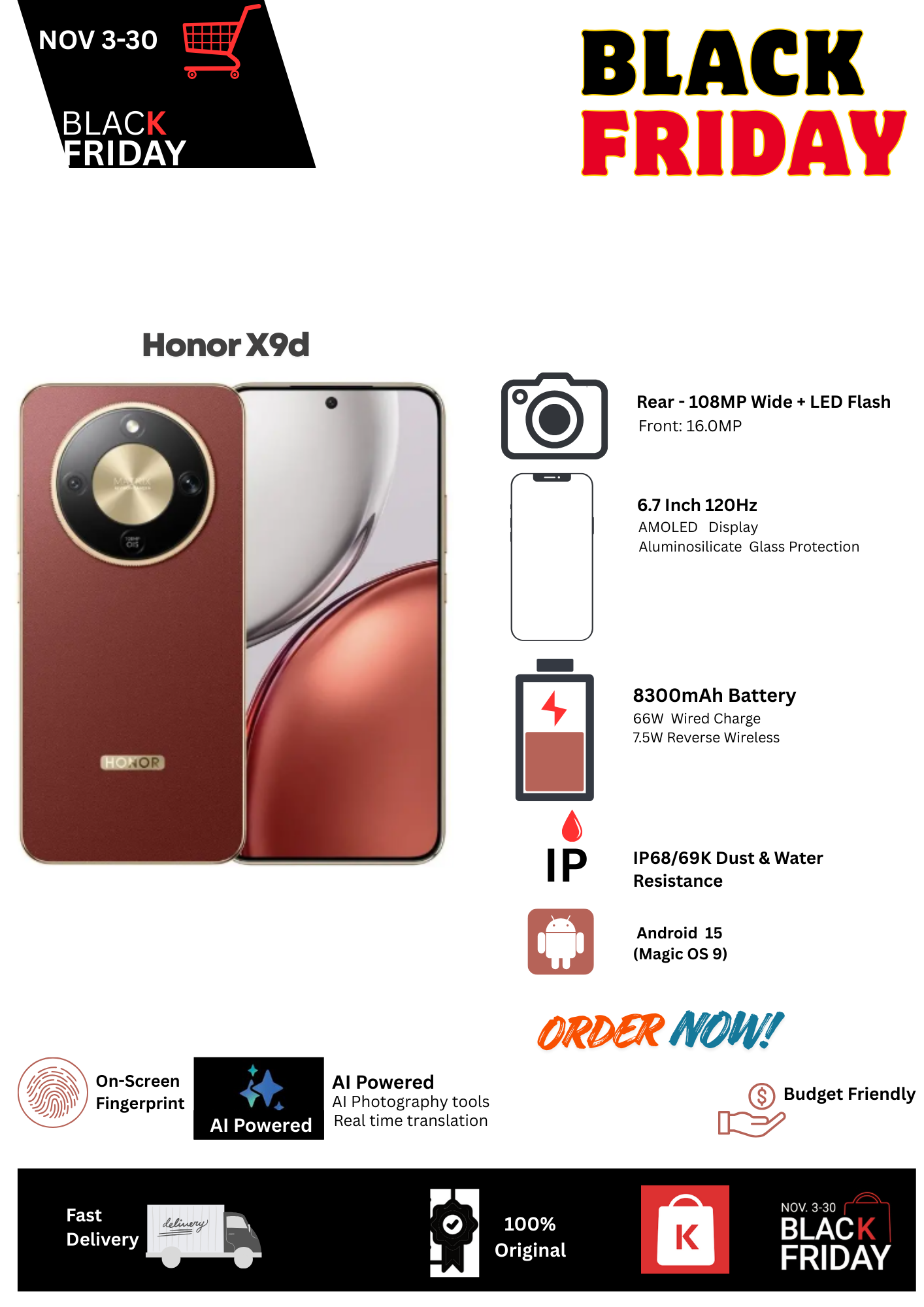 Black Friday Deal🔥Honor X9d 5G 12+256GB 6.7" 120Hz AMOLED Display 108MP Camera 8300mAh Battery 66W Fast Charging Dual SIM IP68/69K Dust & Water Proof Android 15 Onscreen Fingerprint AI Smartphone