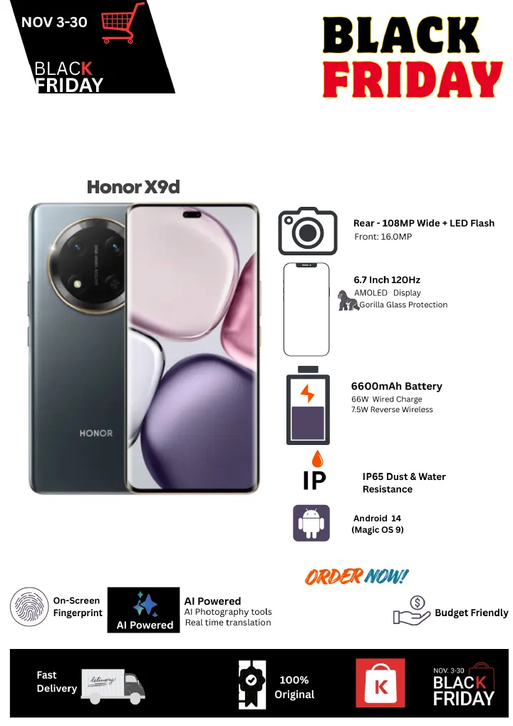 Black Friday Deal🔥Honor X9c 5G 8+256GB 6.7" 120Hz AMOLED Display 108MP Camera 6600mAh Battery 66W Fast Charging Dual SIM IP65 Dust & Water Resistance Android 14 Onscreen Fingerprint AI Smartphone