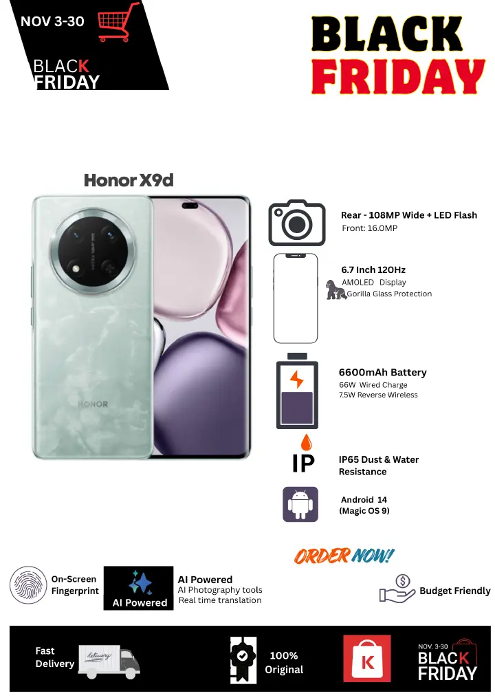 Black Friday Deal🔥Honor X9c 5G 12+256GB 6.7" 120Hz AMOLED Display 108MP Camera 6600mAh Battery 66W Fast Charging Dual SIM IP65 Dust & Water Resistance Android 14 Onscreen Fingerprint AI Smartphone