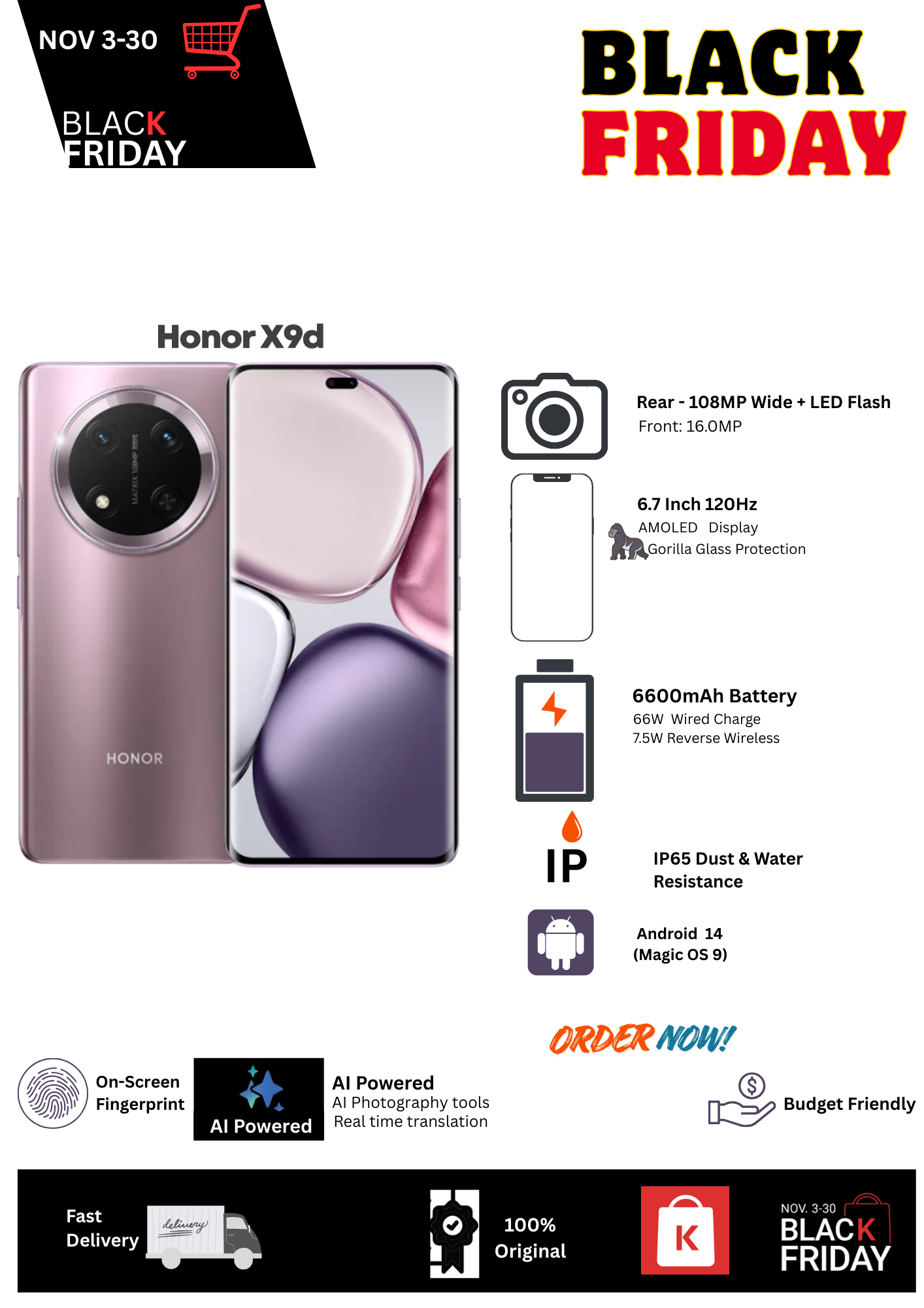 Black Friday Deal🔥Honor X9c 5G 8+256GB 6.7" 120Hz AMOLED Display 108MP Camera 6600mAh Battery 66W Fast Charging Dual SIM IP65 Dust & Water Resistance Android 14 Onscreen Fingerprint AI Smartphone