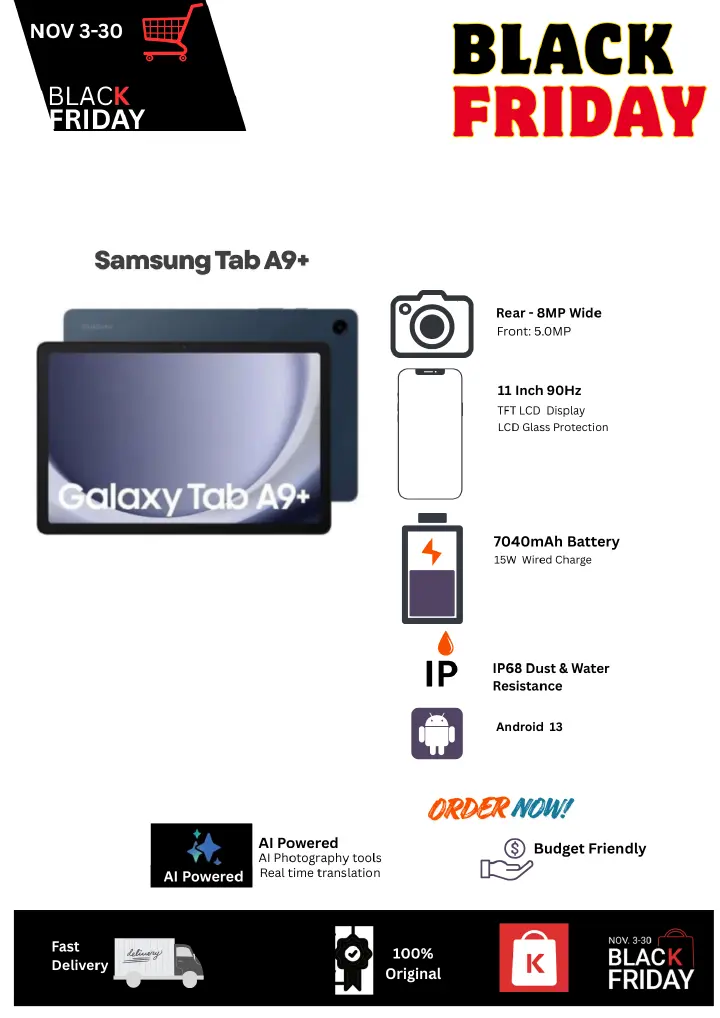 Black Friday Deal🔥Samsung Galaxy Tab A9+ 8+128GB 11" 90Hz TFT LCD Display 8MP Camera 7040mAh Battery 15W Fast Charging Single SIM IP68 Dust & Water Resistance Android 13 Multi-window 3 apps 5G Tablet