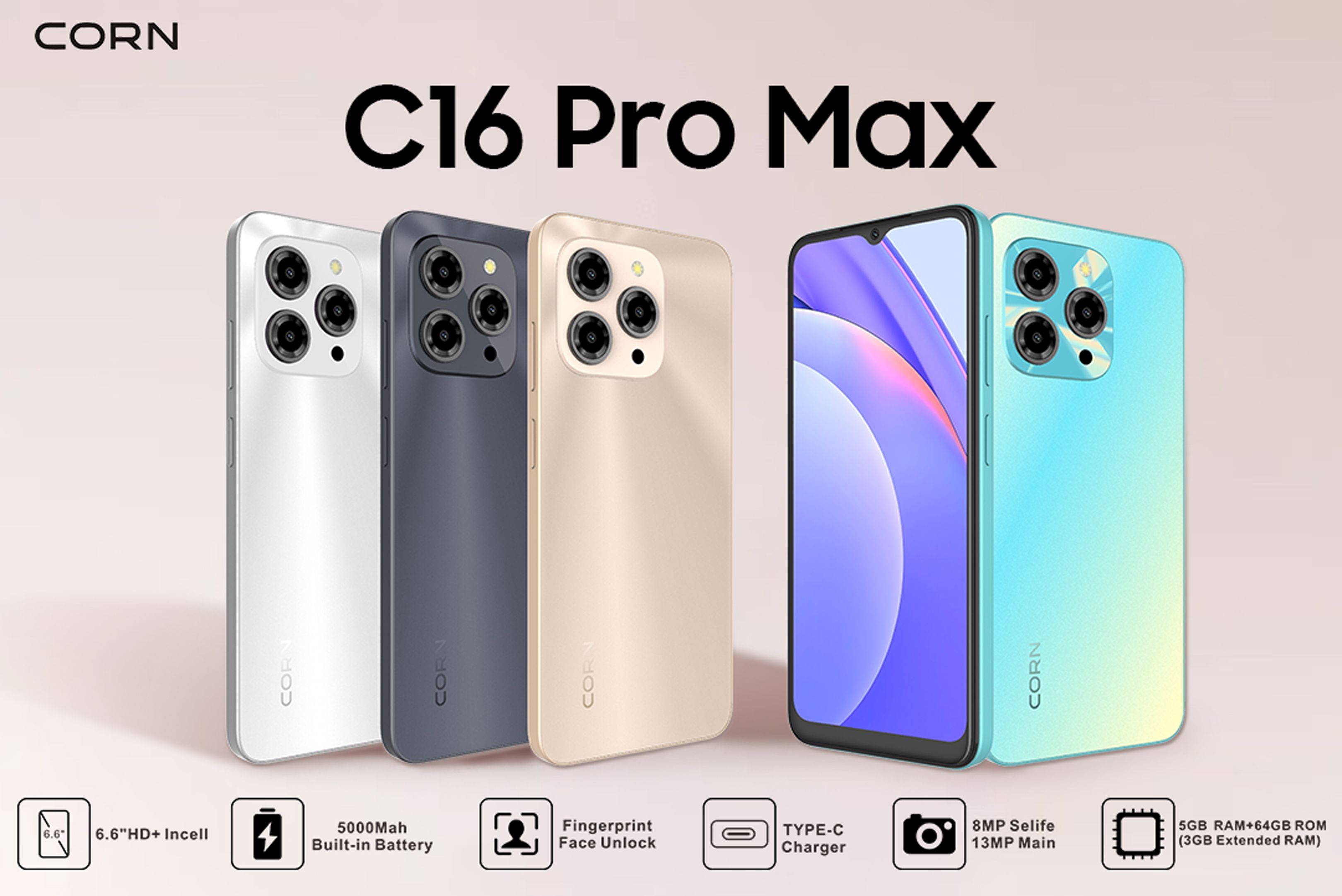 [Christmas Offer] CORN C16 PRO MAX 64GB Storage  5GB (2+3 Extended) RAM 6.6'' HD+ Waterdrop Screen 13MP Main +8MP Front Camera 5000mAh Battery Dual SIM Face ID GPS OTG Unlocked Android Smart Phone.