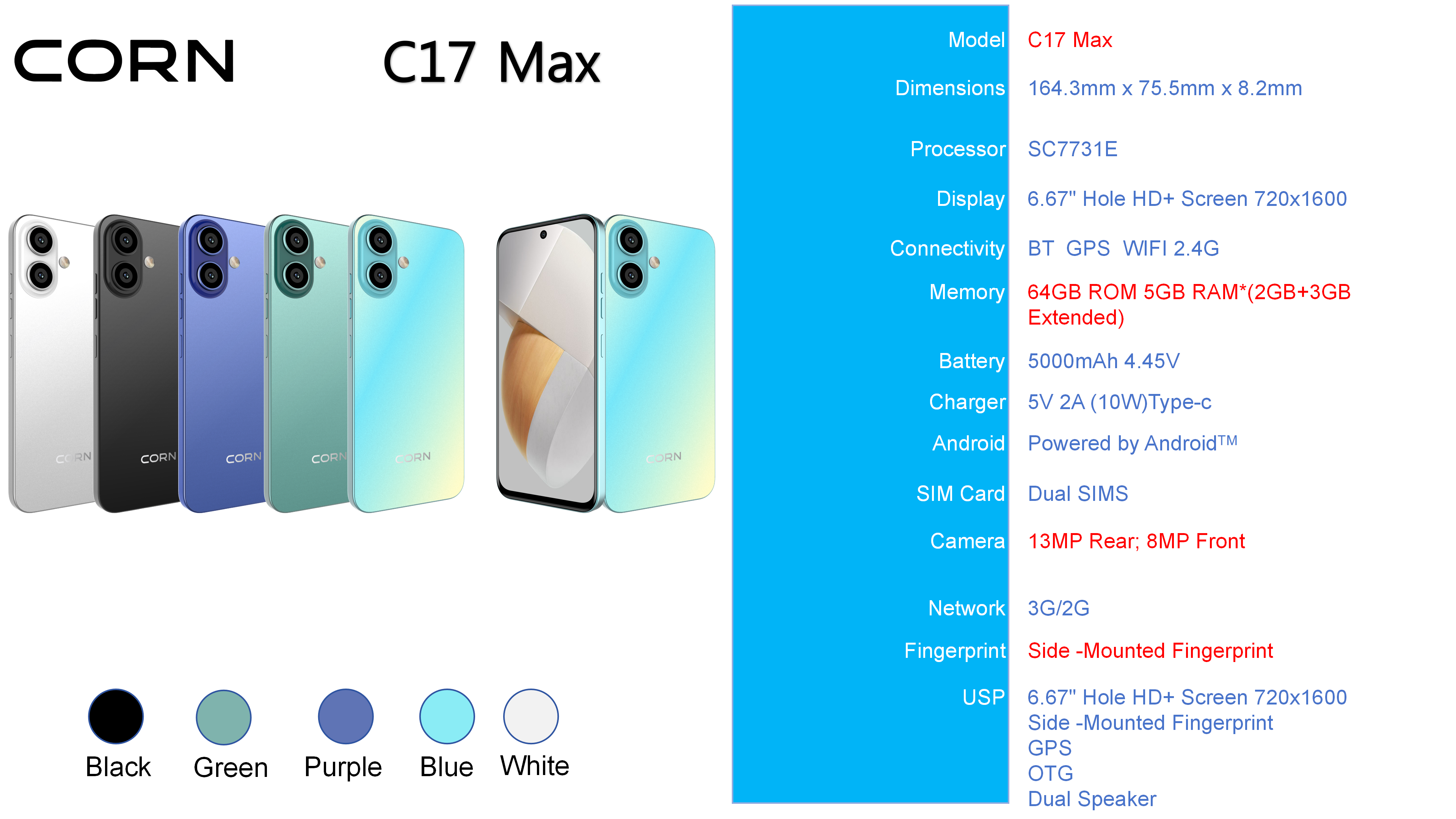 [NEW ARRIVAL] CORN C17 MAX 64GB Storage  5GB (2+3 Extended) RAM 6.6'' HD+ Waterdrop Screen 13MP Main +8MP Front Camera 5000mAh Battery Dual SIM Face ID GPS OTG Unlocked Android Smartphone Phone