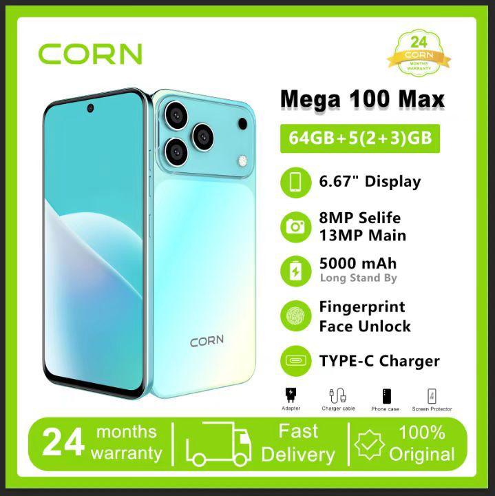 [NEW ARRIVALS] CORN MEGA 100 MAX 64GB ROM Storage Upto 5GB(2+3) RAM 6.6" Display, Waterdrop Screen, Main 13MP + 8MP Camera, 5000mAh Battery, Dual SIM, Face ID Unlocked Android Smartphone Phone.