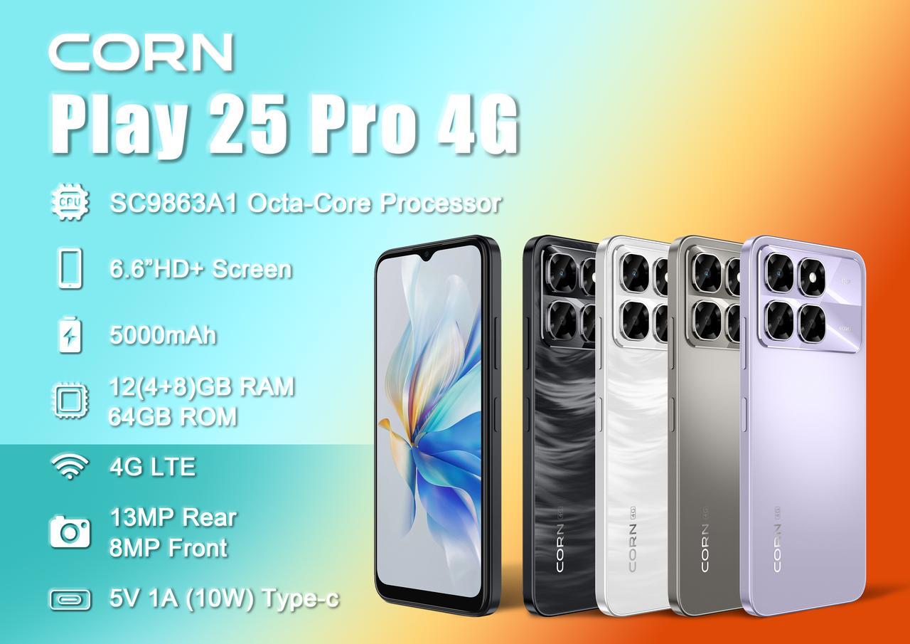 {EASTER SALES OFFERS} CORN PLAY 25 PRO 4G 12GB (4+8) RAM, 64GB ROM, 6.6" HD Display +,13MP Main + 8MP Selfie Camera, 5000mAh, 33W Type-C Charger, Dual SIM, Fingerprint & Face Unlock, Smartphone Phones