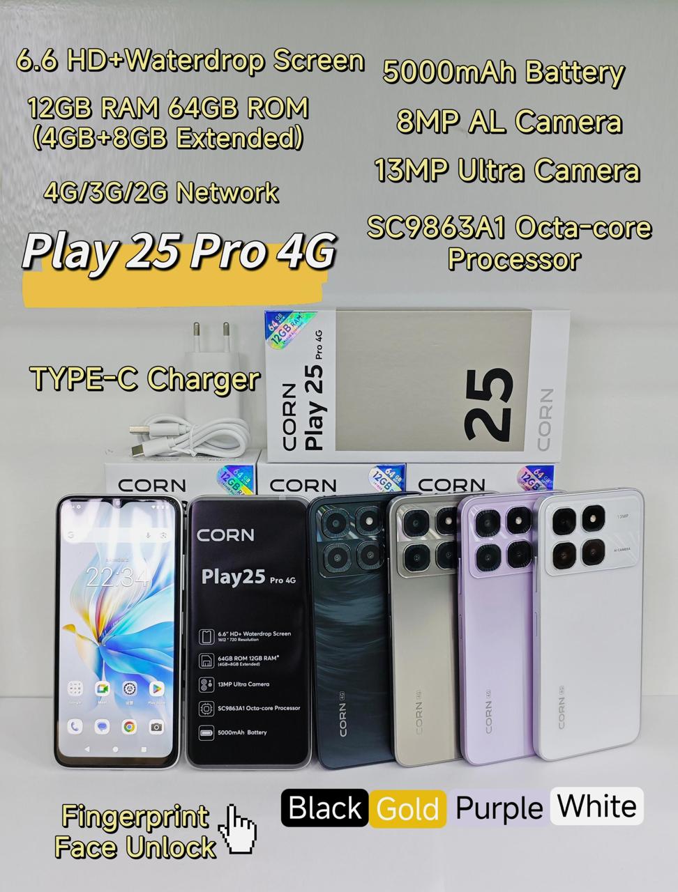 {EASTER SALES OFFERS} CORN PLAY 25 PRO 4G 12GB (4+8) RAM, 64GB ROM, 6.6" HD Display +,13MP Main + 8MP Selfie Camera, 5000mAh, 33W Type-C Charger, Dual SIM, Fingerprint & Face Unlock, Smartphone Phones