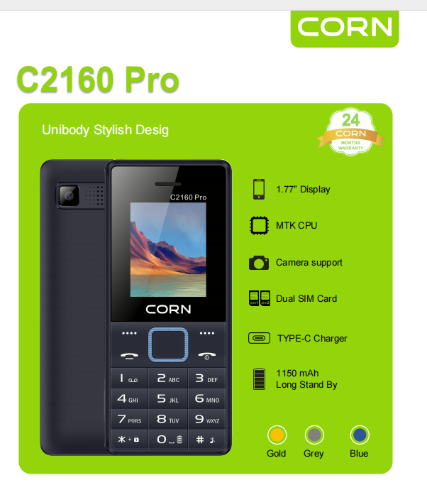 {EASTER SALES OFFERS} CORN C2160 1.77'' Display Dual SIM Feature Phone Kabambe Katululu Wireless FM Torch Camera Bluetooth 1000mAh Battery Durable Button Phone Classic Mobile Phone.