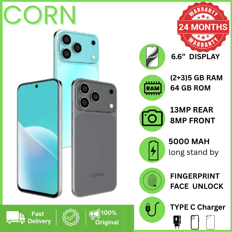 [NEW ARRIVALS] CORN MEGA 100 MAX 64GB ROM Storage Upto 5GB(2+3) RAM 6.6" Display, Waterdrop Screen, Main 13MP + 8MP Camera, 5000mAh Battery, Dual SIM, Face ID Unlocked Android Smartphone Phone.