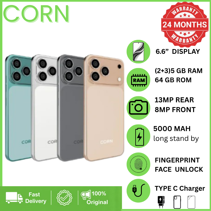 [NEW ARRIVALS] CORN MEGA 100 MAX 64GB ROM Storage Upto 5GB(2+3) RAM 6.6" Display, Waterdrop Screen, Main 13MP + 8MP Camera, 5000mAh Battery, Dual SIM, Face ID Unlocked Android Smartphone Phone.