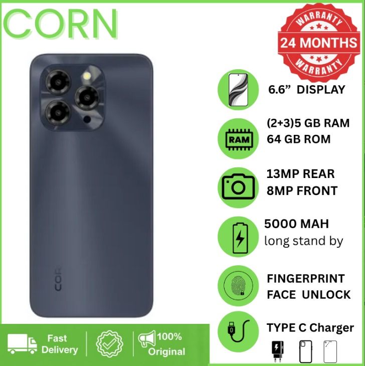 {EASTER SALES OFFERS} CORN C16 PRO MAX 64GB Storage 5GB (2+3 Extended) RAM 6.6'' HD+ Waterdrop Screen 13MP Main +8MP Front Camera 5000mAh Battery Dual SIM Face ID GPS OTG Unlocked Android Smart Phone.