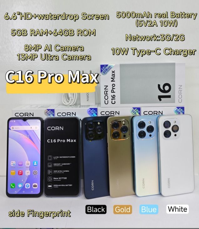{EASTER SALES OFFERS} CORN C16 PRO MAX 64GB Storage 5GB (2+3 Extended) RAM 6.6'' HD+ Waterdrop Screen 13MP Main +8MP Front Camera 5000mAh Battery Dual SIM Face ID GPS OTG Unlocked Android Smart Phone.
