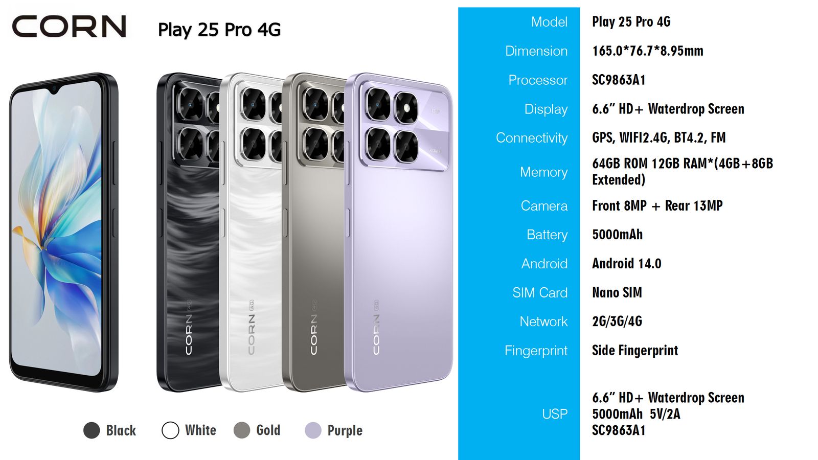 {EASTER SALES OFFERS} CORN PLAY 25 PRO 4G 12GB (4+8) RAM, 64GB ROM, 6.6" HD Display +,13MP Main + 8MP Selfie Camera, 5000mAh, 33W Type-C Charger, Dual SIM, Fingerprint & Face Unlock, Smartphone Phones