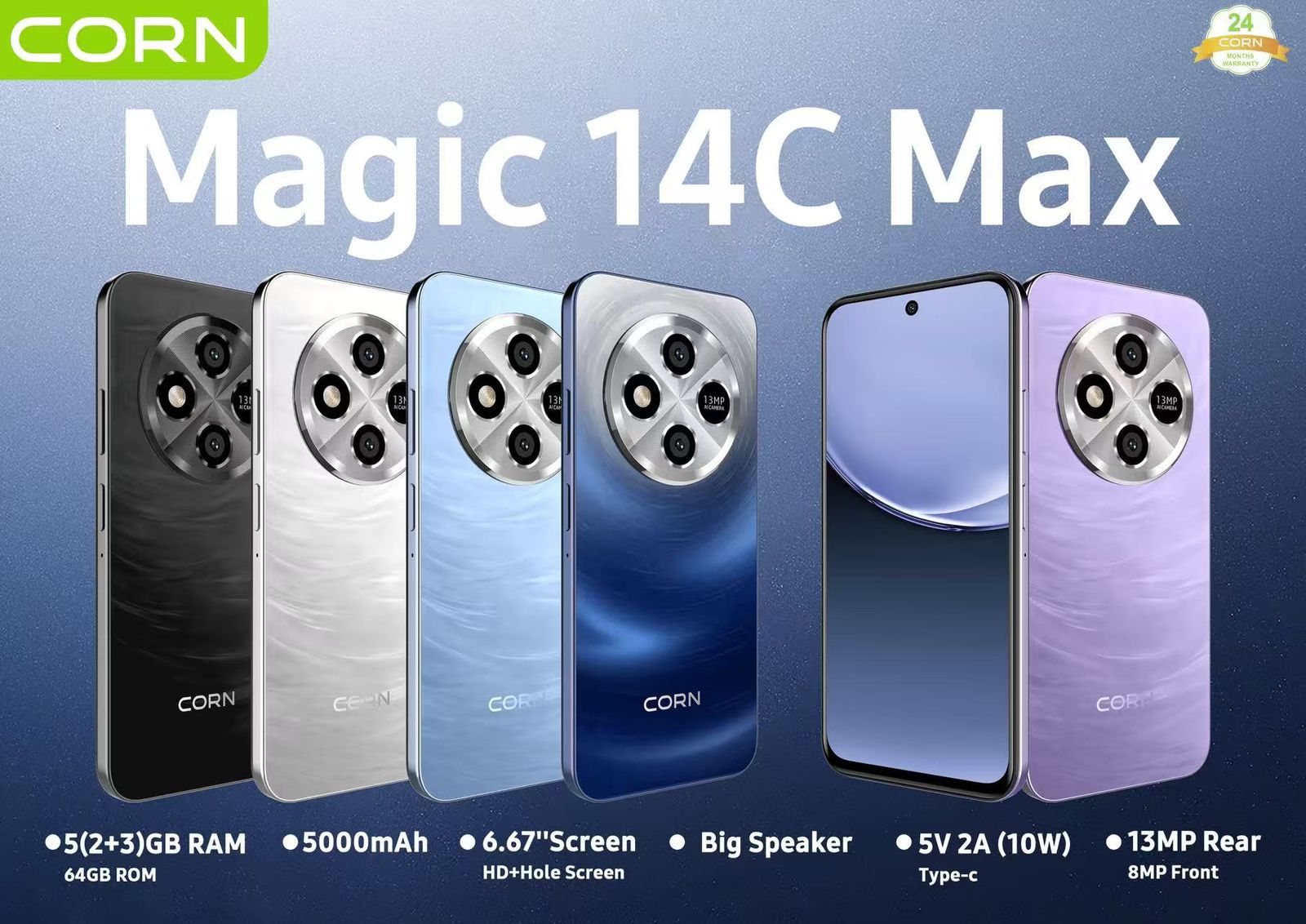 (Brand Official) CORN MAGIC 14C MAX 64GB ROM Storage Up to 5GB (2+3) RAM 6.67" Display, Waterdrop Screen, Main 13MP + 8MP Camera,5000mAh Battery,Dual SIM,Face ID Unlocked Android Smartphone Phone.